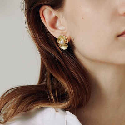 GOLDEN Paar Ohrstecker 18K Gold Spiral Ohrringe mit Perlen, Geometrische zierliche Ohrstecker
