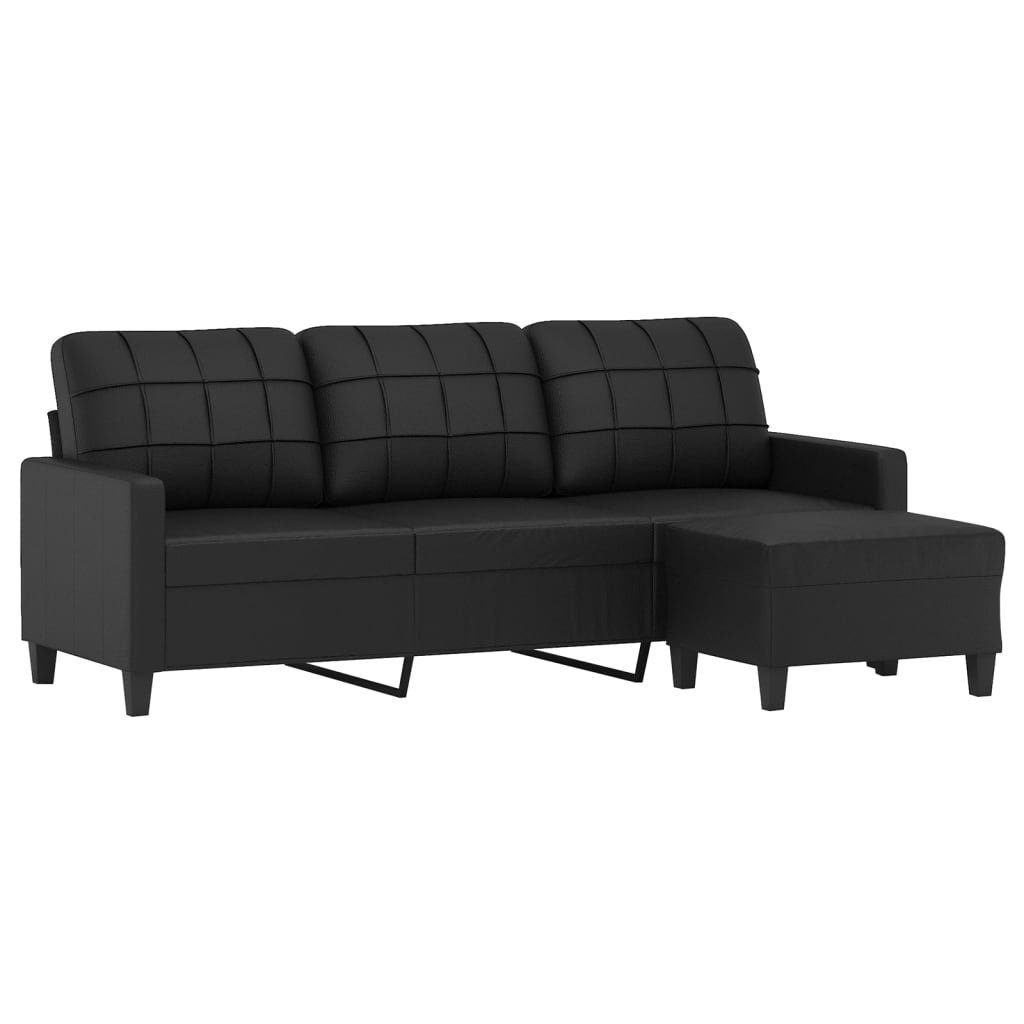 vidaXL Sofa 3-Sitzer-Sofa mit Hocker cm 180 Schwarz Kunstleder