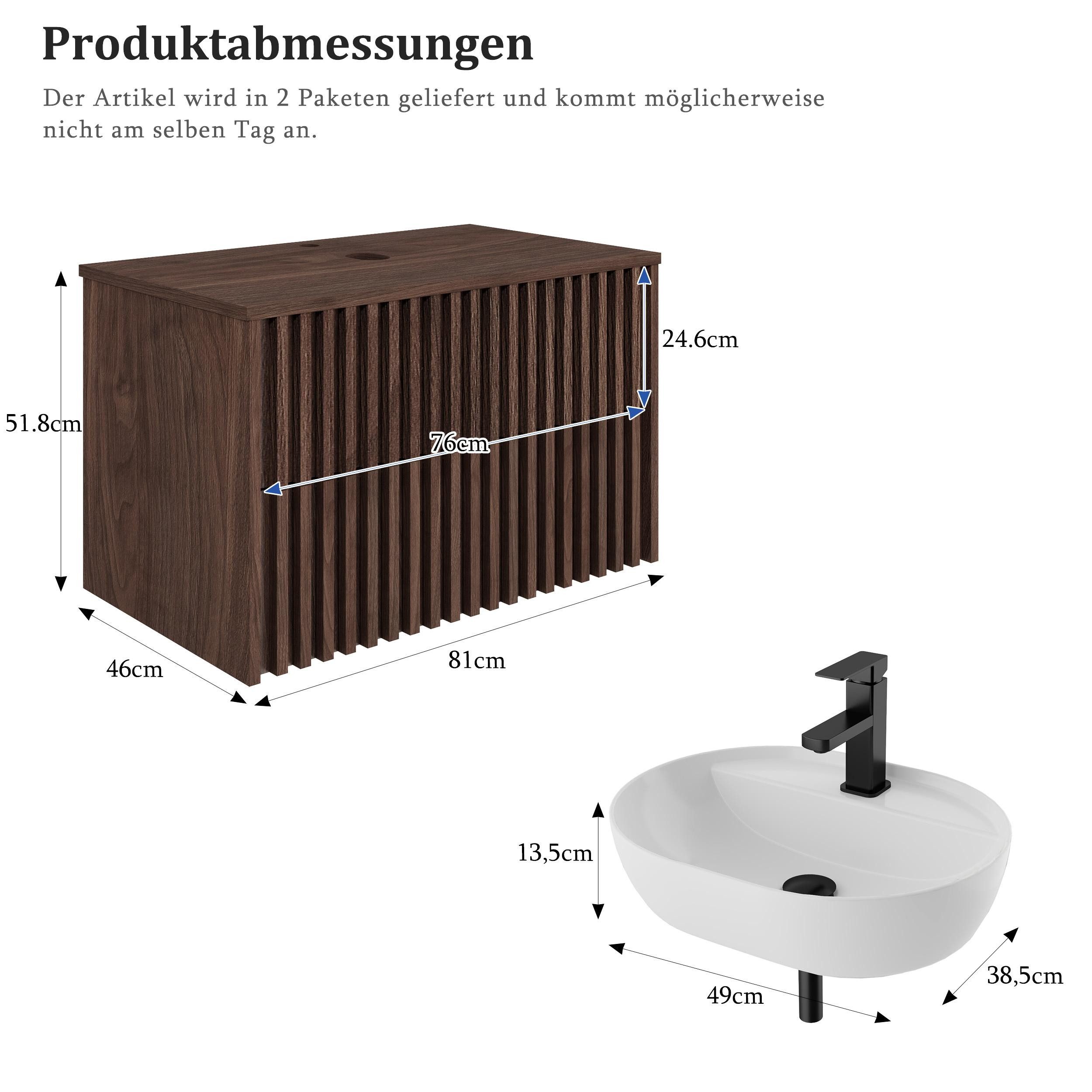UEV Waschtisch mit Unterschrank hängend Ovales Keramikwaschbecken (Komplett-Set Badmöbel, Badezimmmer Schrank, mit Wasserhahn und Pop-up-Ablassventil Aufsatz-Wa – Bild 4 von 5
