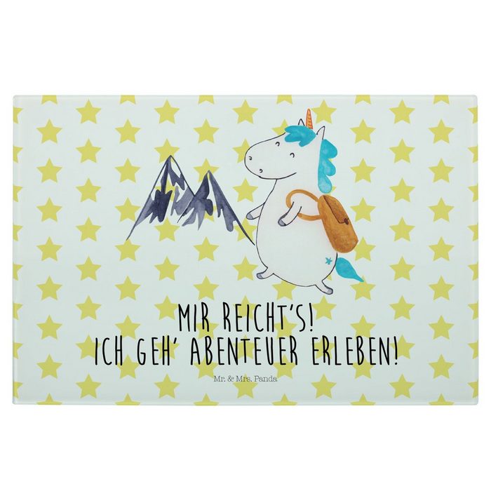 Mr. & Mrs. Panda Servierbrett Einhorn Bergsteiger - Weiß - Geschenk Urlaub Unicorn Entdecker Gl Premium Glas (1-St)
