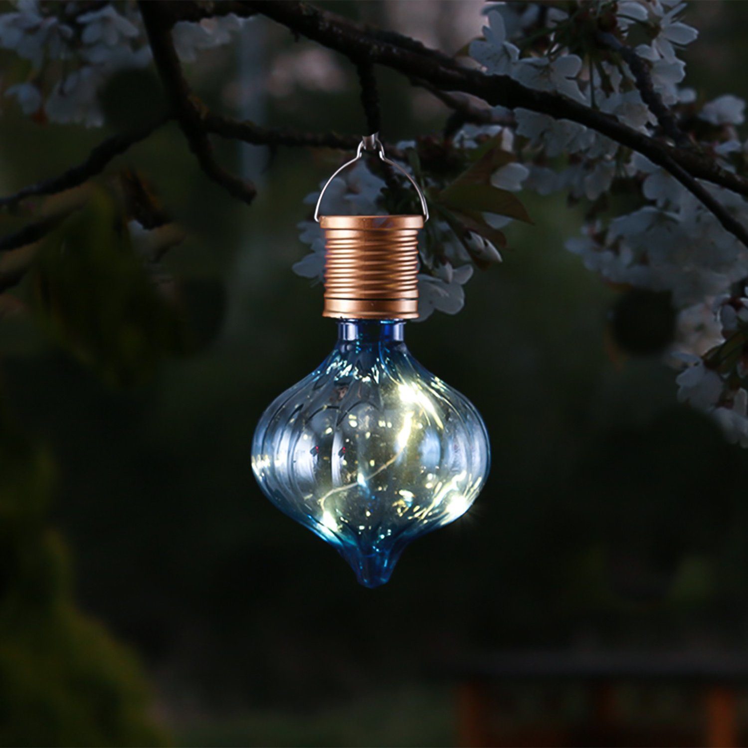 MARELIDA LED Solarleuchte LED Solar Glühbirne Gartenleuchte Balkon Kugelleuchte H: 11,7cm blau, LED Classic, warmweiß (2100K bis 3000K)