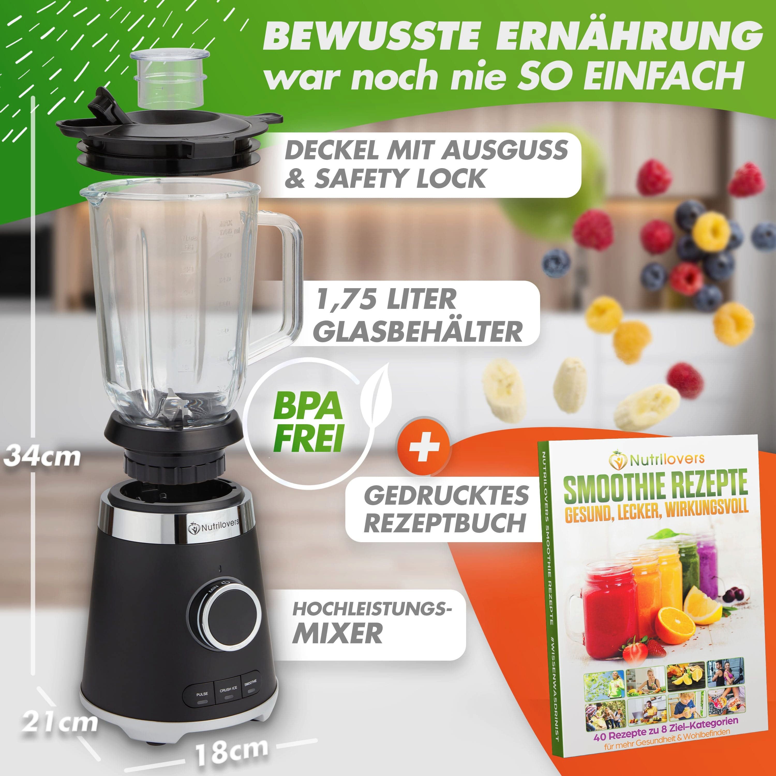 Nutrilovers Standmixer Glas Standmixer - Smoothies & Eis - Hitzebeständig - Küchenmaschine, 1300 W