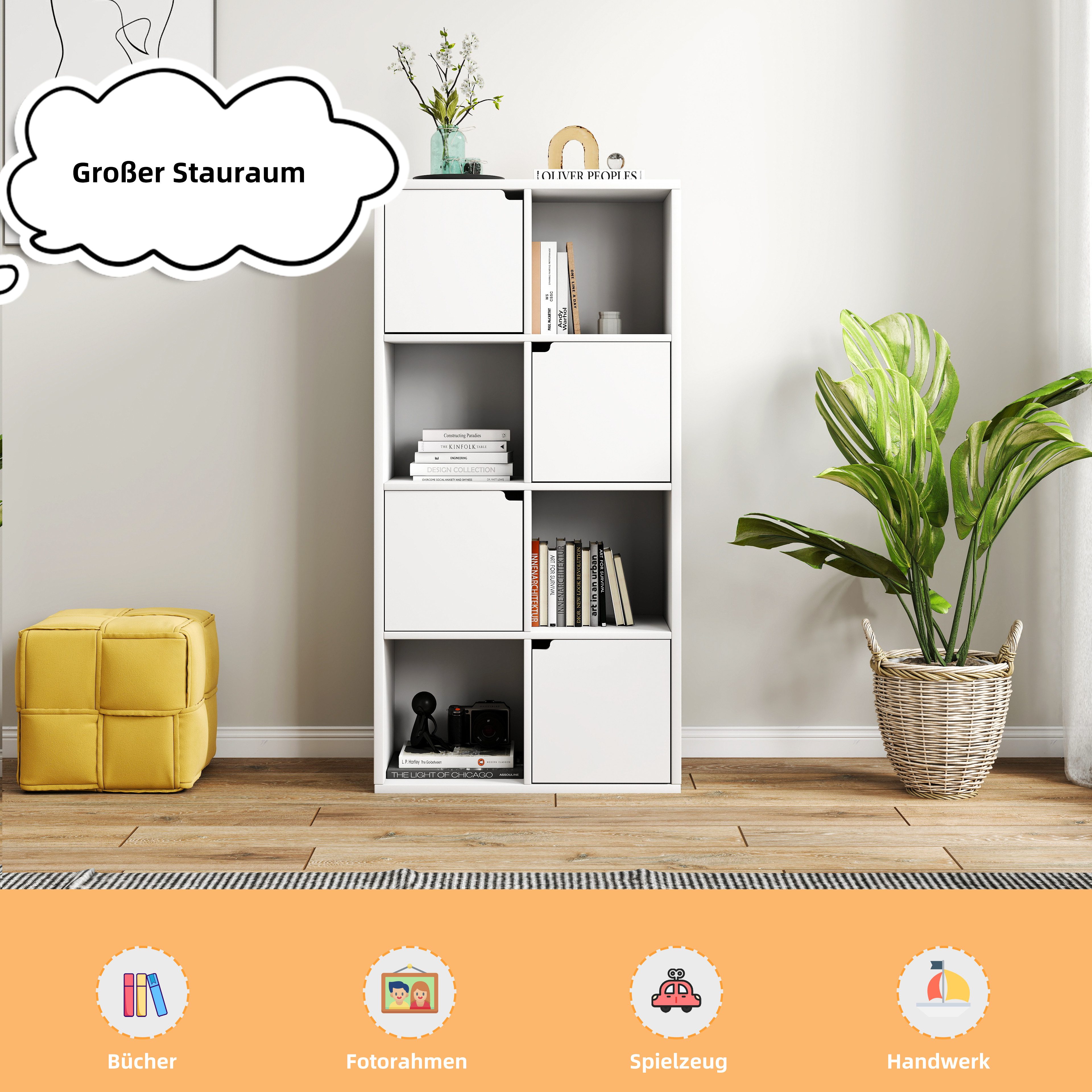 oyajia Bücherregal Bücherschrank 112cm für Wohnzimmer Home Office, 8 Fächer mit 4 Türen, Standregale, für Wohnzimmer, Büro, Weiß