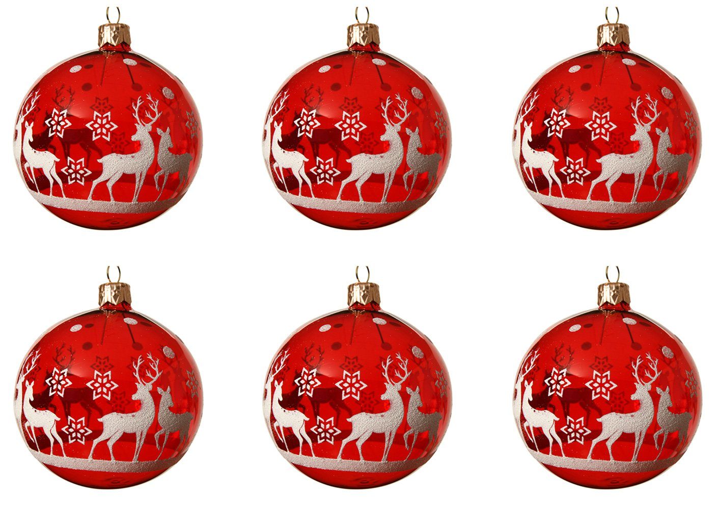 Decoris season decorations Weihnachtsbaumkugel, Weihnachtskugeln Glas 8cm Motiv Rentiere 6er Set - Rot transparent