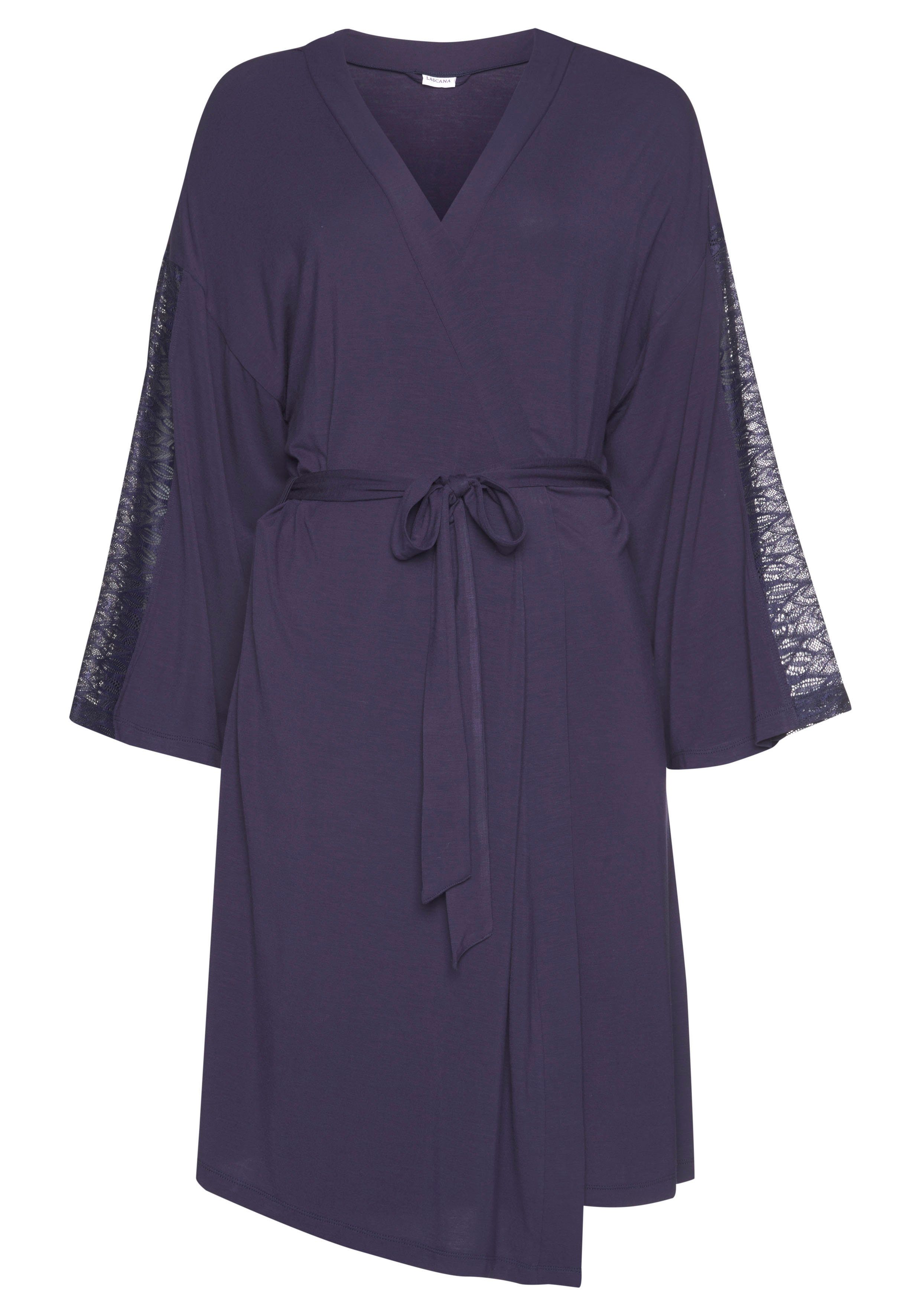 LASCANA Kimono, Kurzform, Single-Jersey, Kimono-Kragen, Gürtel, Spitzendetails mit