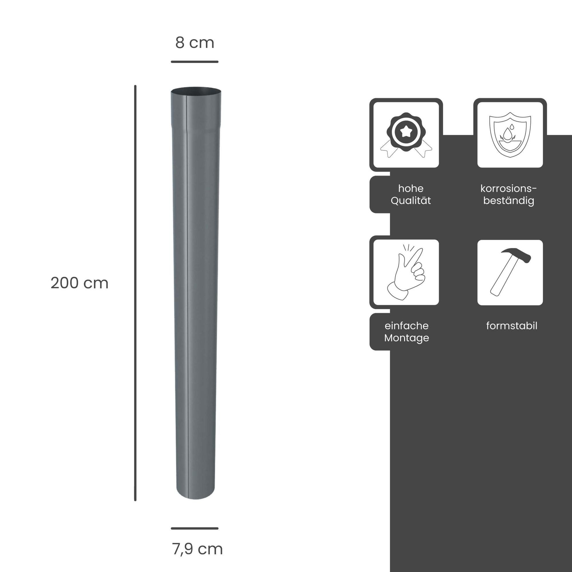 Zambelli Regenfallrohr, (Fallrohr gefalzt verzinkt DN 80, 2m Anthrazit Regenfallrohr), Regenfallrohr mit hohem Korrosionsschutz, einfache Montage, ohne löten