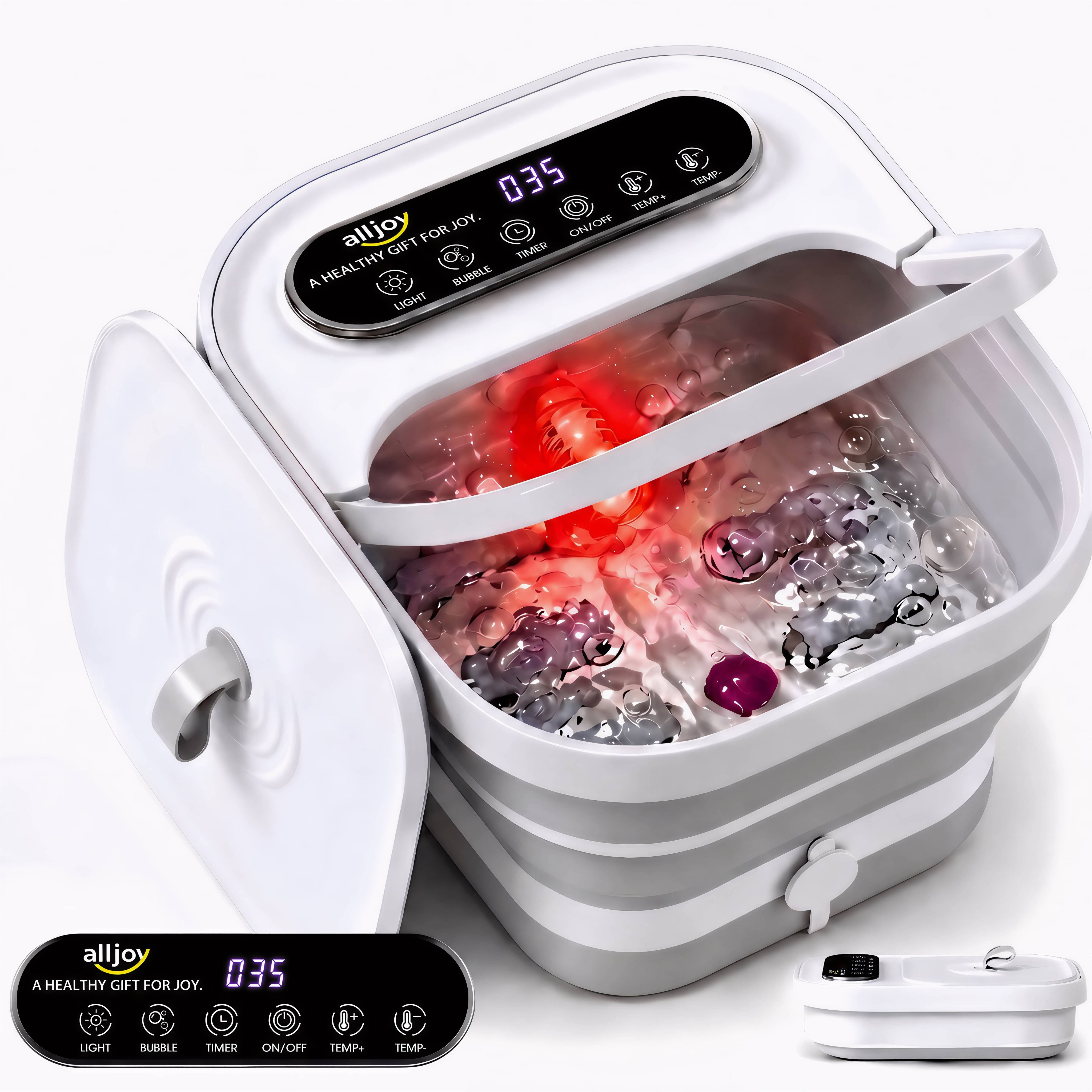 ALLJOY Fußbad Fußbad PTC-Heizung & Massage klappbar ideal für Senioren & Homeoffice, Klappbares Fußmassagegerät, LED-Temperaturregelung & Rotlicht, 6 Massagerollen mit Bimsstein
