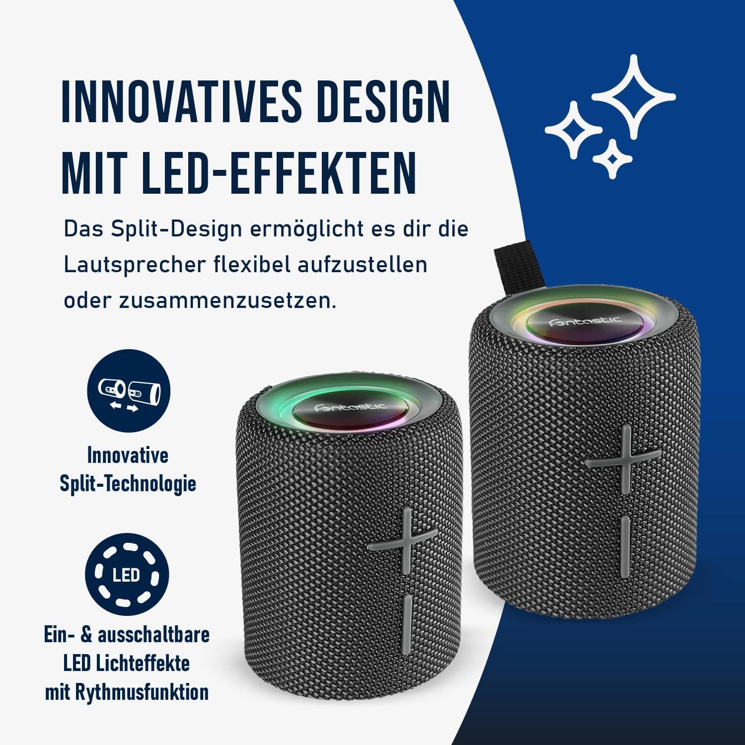 fontastic Cora Bluetooth Lautsprecher Box TWS Portable Speaker LED IPX5 Bluetooth-Lautsprecher (Hochauflösendes Klangbild)