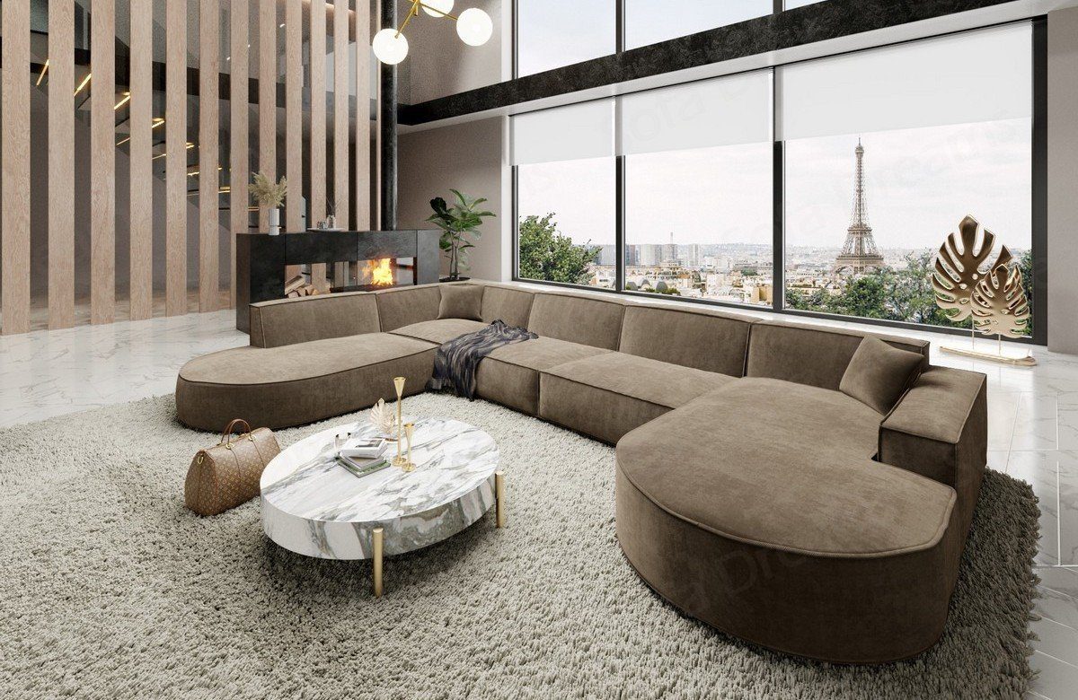 Sofa Dreams Wohnlandschaft Designer Stoff Sofa Modern Couch Alegranza U Form Stoffsofa Hellbraun-Mo09