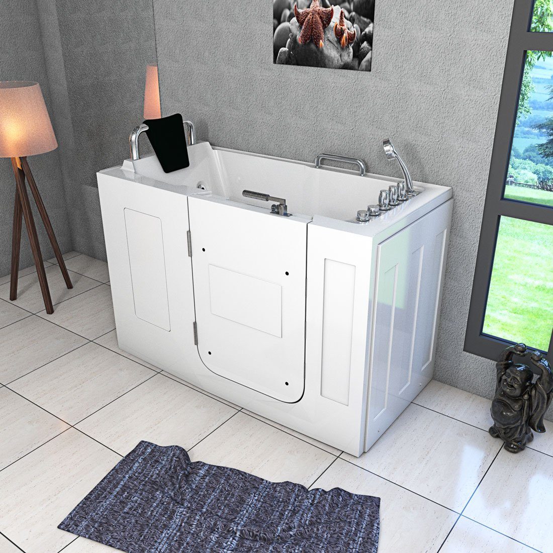 AcquaVapore Whirlpool-Badewanne Sitzwanne Whirlpool Badewanne mit Tür S07WP-TH-B 140x76cm, Schnelle Reinigung, Nackenstütze, Überlauf Abfluss, Extra Tief, Whirlp