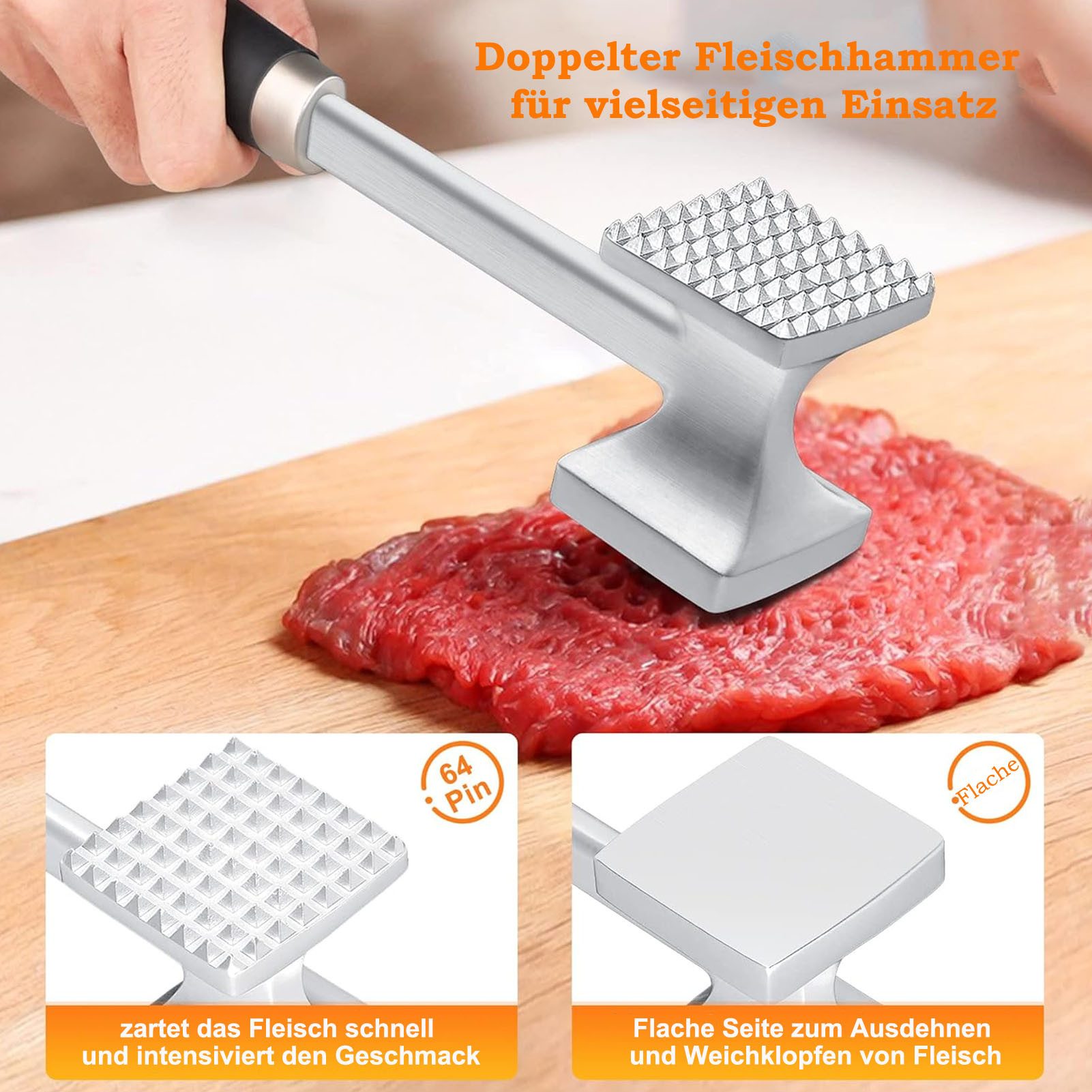 SURFOU Fleischklopfer Edelstahl Burger Smasher Fleischzartmacher Schnitzelklopfer Steaker, Doppelseitiger Fleischklopfer - 27 cm, Antihaft, ergonomischer Griff