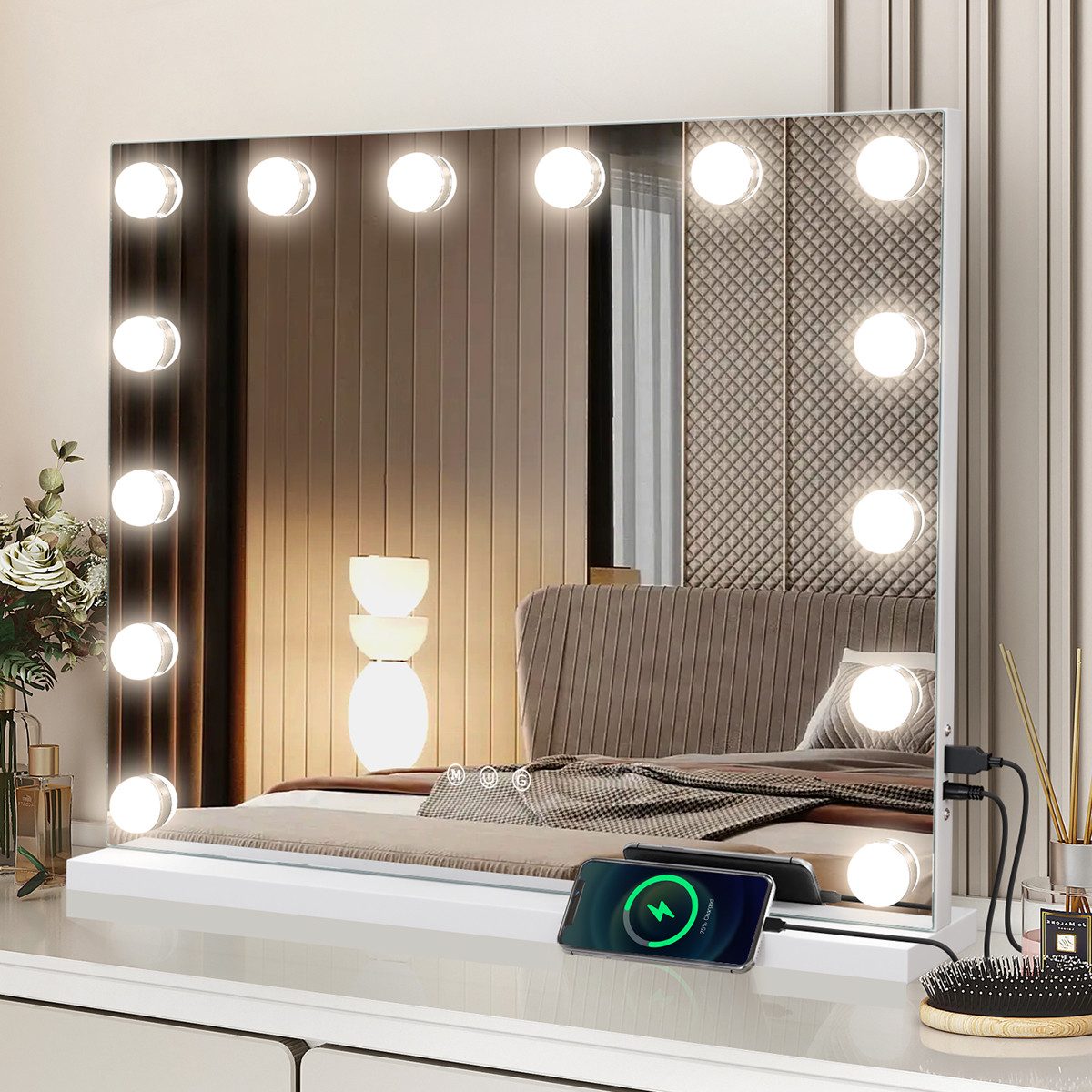 MCURO Kosmetikspiegel Hollywood Schminkspiegel mit Beleuchtung und USB, 10X Vergrößerung (58x46cm, Memory-Funktion, Dimmbare Leuchten, 3 Lichtmodi), Schminkspiegel 14 Sonder-LED & USB-Ladeport, für Schminktisch,Kosmetik