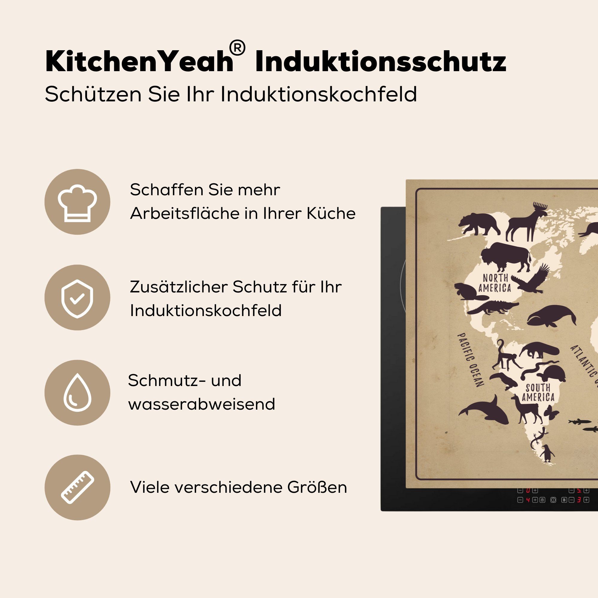 MuchoWow für tlg), (1 Weltkarte - Ceranfeldabdeckung Beige Induktionskochfeld Vinyl, Schutz Herdblende-/Abdeckplatte küche, - 81x52 cm, die Tiere,