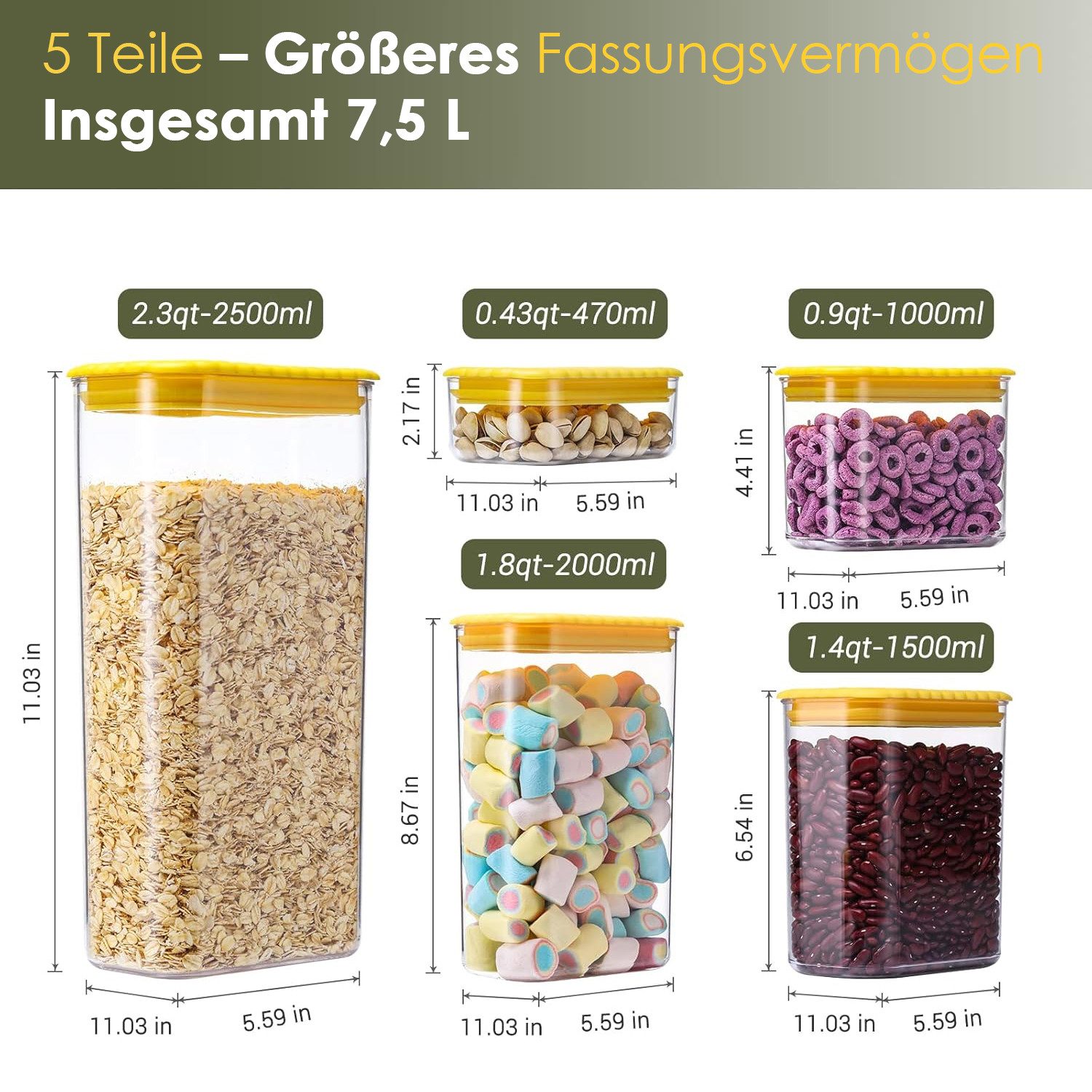 Elegear Frischhaltedose Müsli-Aufbewahrungsbehälter-Set, luftdichte Frischhaltedosen, 5-teilig, (Spar-Set, ineinander stapelbar, 5er-Set), BPA-freier, lebensmittelechter Kunststoff für Vorratskammer und Küchen
