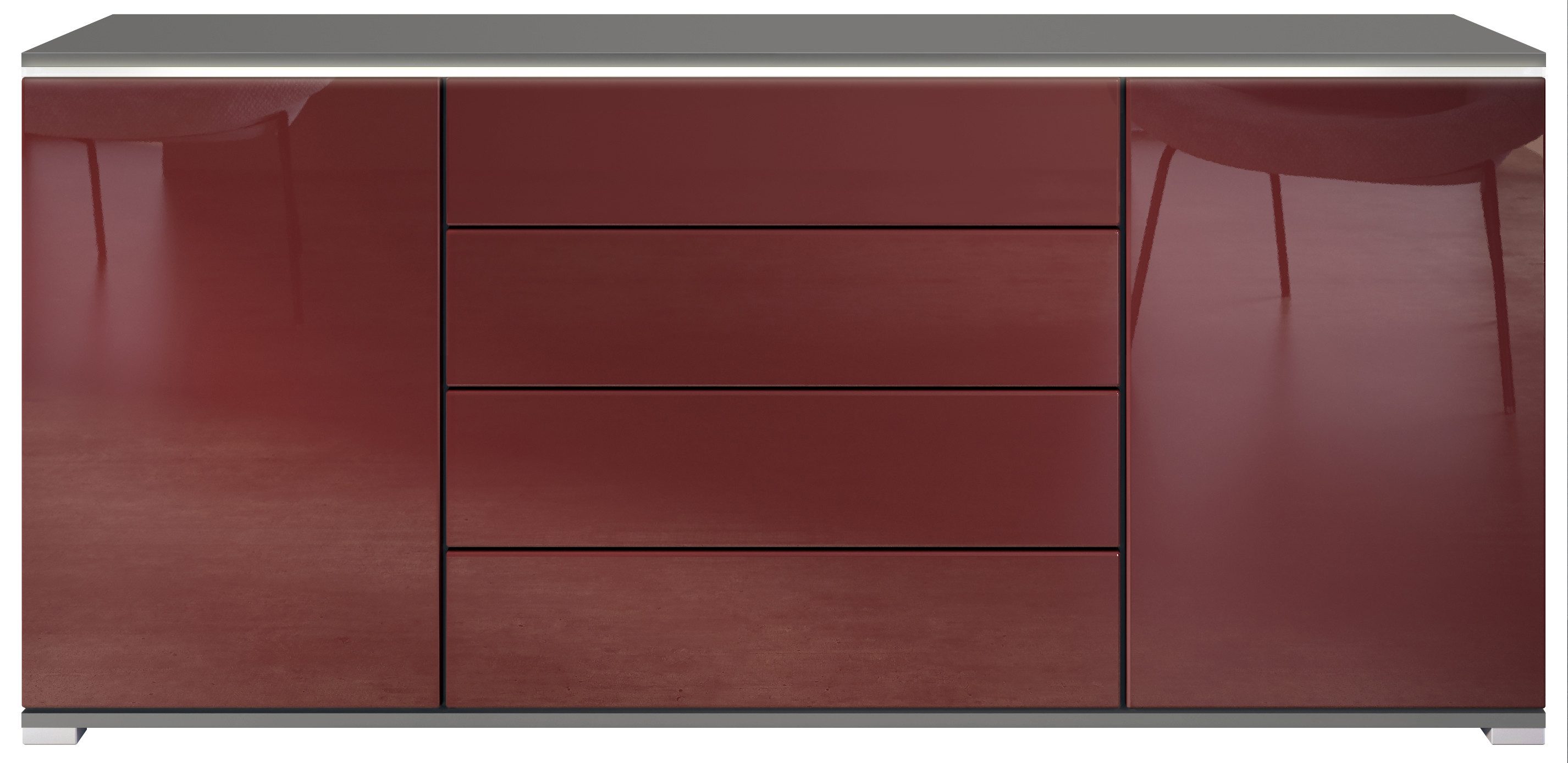 Vladon Sideboard Faro V2 (Kommode mit 2 Türen & 4 Schubladen, Schrank mit LED Lichtleiste), Anthrazit matt / Bordeaux Hochglanz (166,5 x 75,5 x 35)