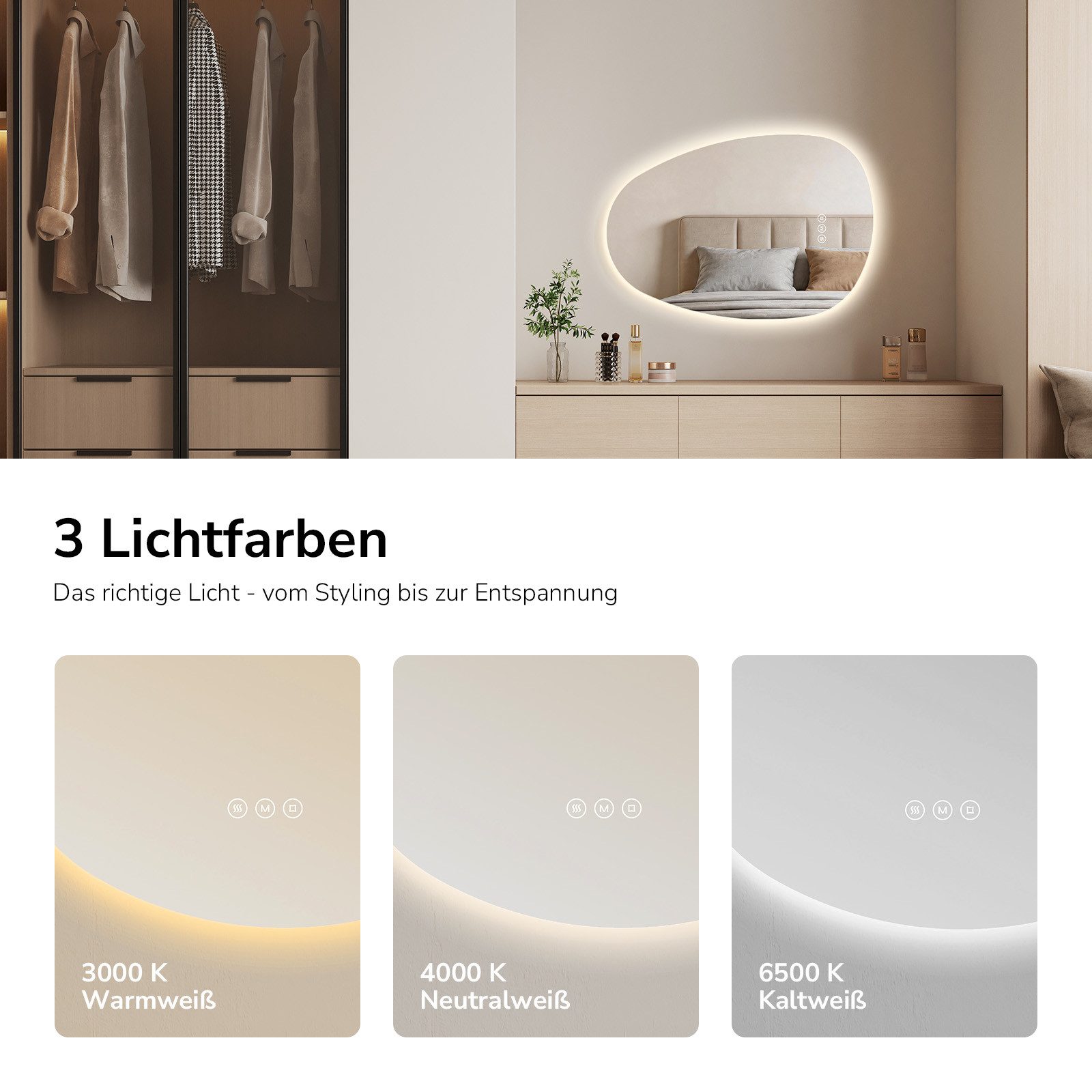 EMKE Badspiegel LED Badezimmerspiegel Asymmetrisch mit Beleuchtung und 3 Lichtfarben (Kieselsteinform), Memory-Funktion, einstellbare Helligkeit Antibeschlag IP – Bild 5 von 5