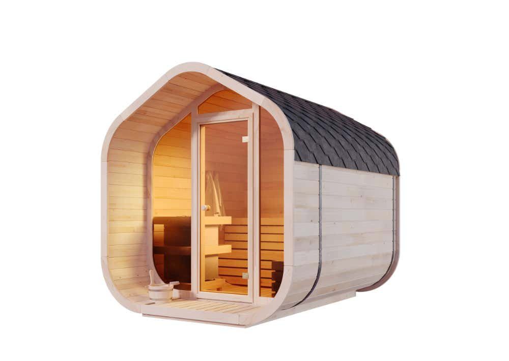 FinnTherm Fasssauna ScandiCube Wave Comfort, BxTxH: 234 x 286 x 249 cm, 42 mm, in Naturbelassen
