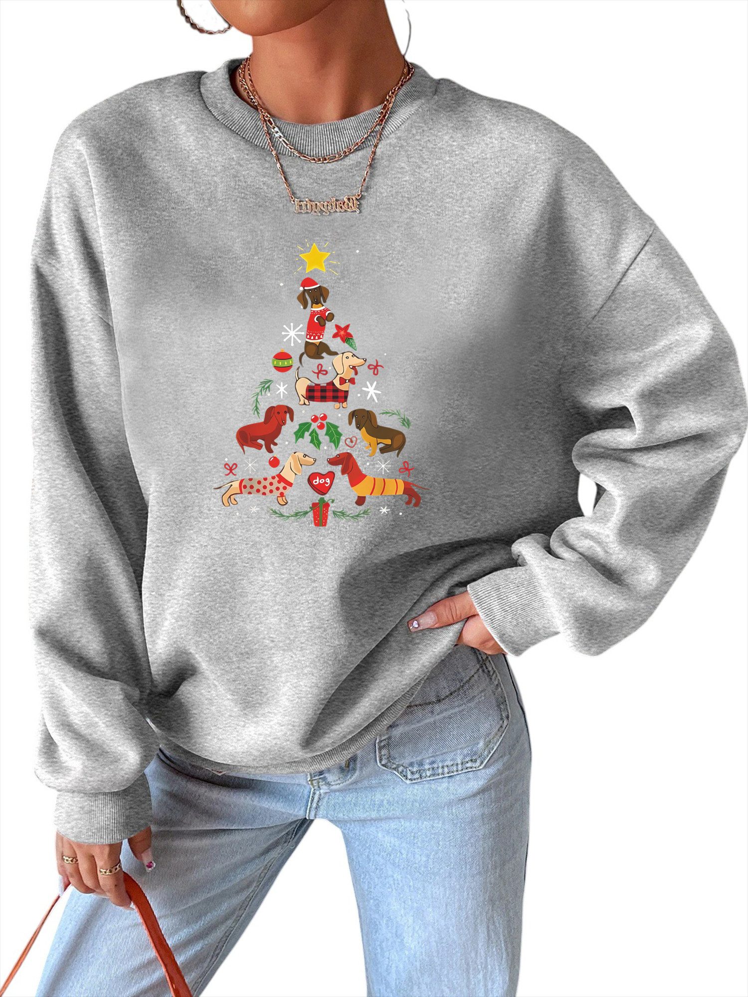 Rundhalspullover Damen Festival Fleecepullover mit Weihnachtsbaum Druck