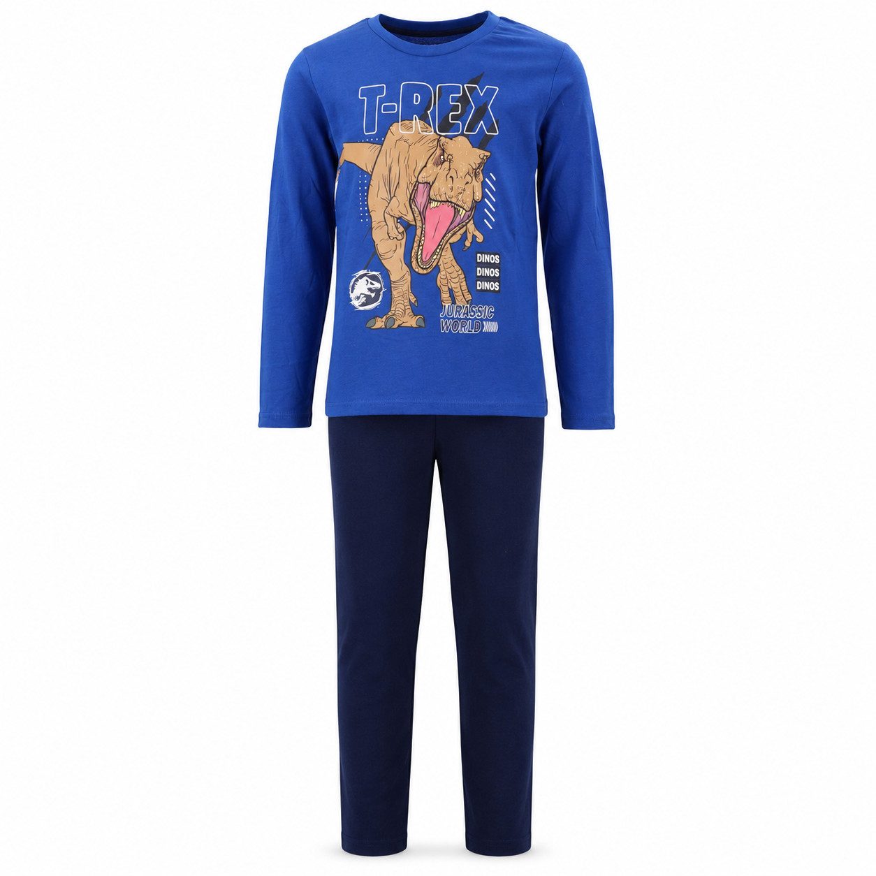 Jurassic World Schlafanzug Jurassic World T-Rex Jungen Pyjama Blau Weiß Gr. 104-116 (Schlafanzug-Set, 2 tlg., 2-teilig: Langarmshirt und lange Schlafhose) Jurassic World T-Rex-Motiv