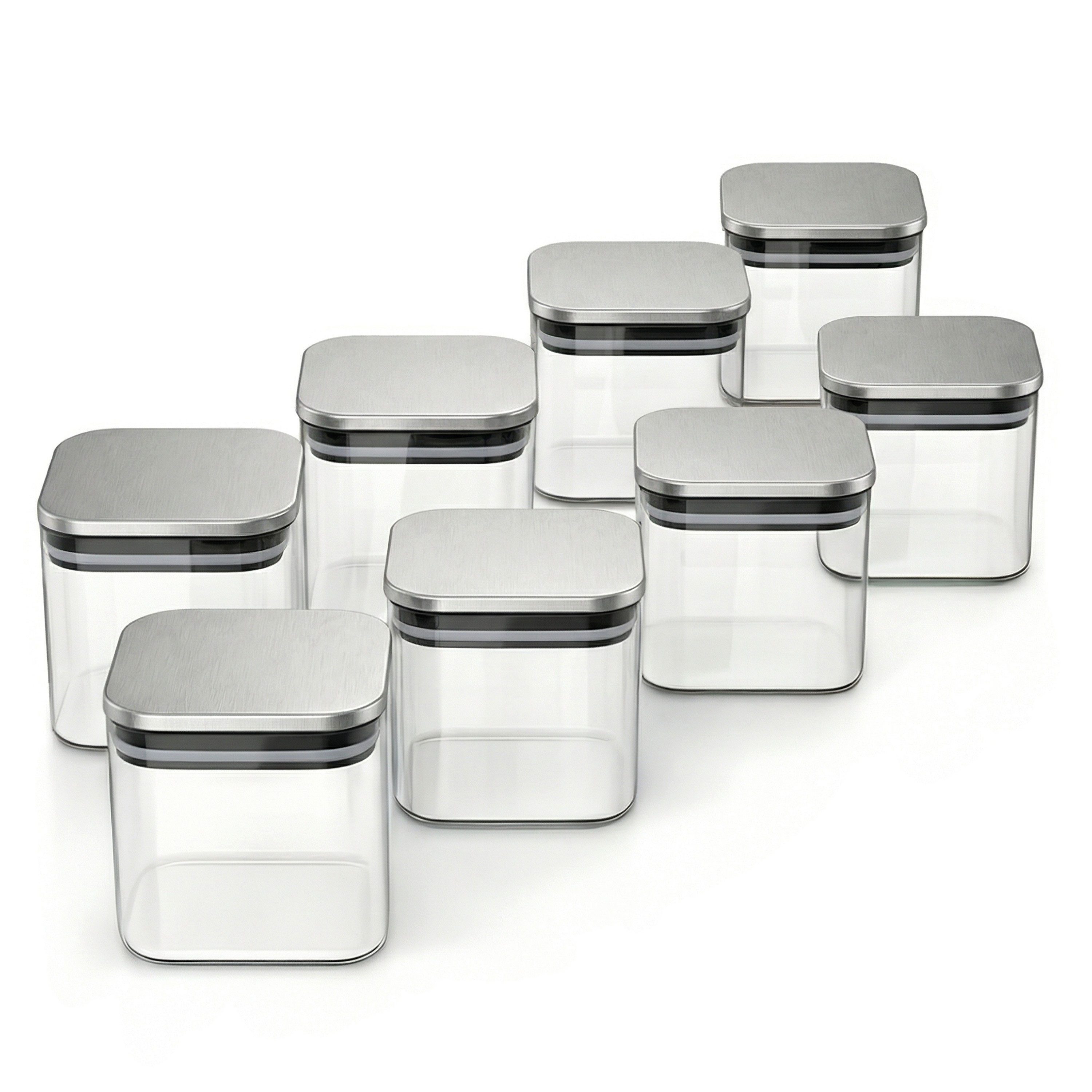 Arendo Aufbewahrungsbecher Glasbehälter-Set 8x 0,8 L Borosilikatglas mit Edelstahldeckel, Borosilikatglas, Edelstahl, Silikon, (Vorratsbehälter-Set, 8-tlg., 8er Set), Hitzebeständig, umweltfreundlich, langlebig, mikrowellengeeignet
