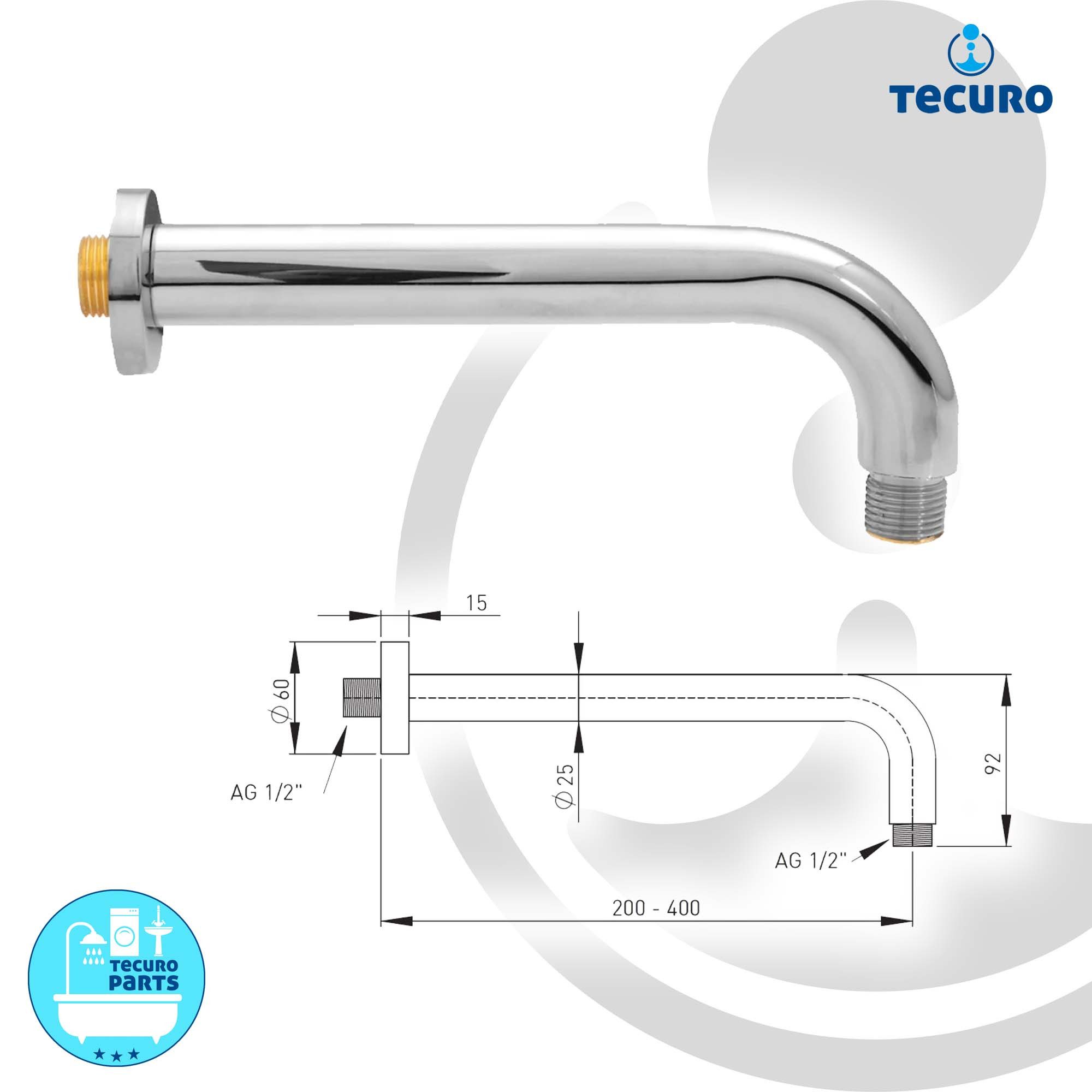 tecuro Brausearm Universal 90° Brausearm Ø 25 mm in 5 Längen für Regenbrausen, 200 mm