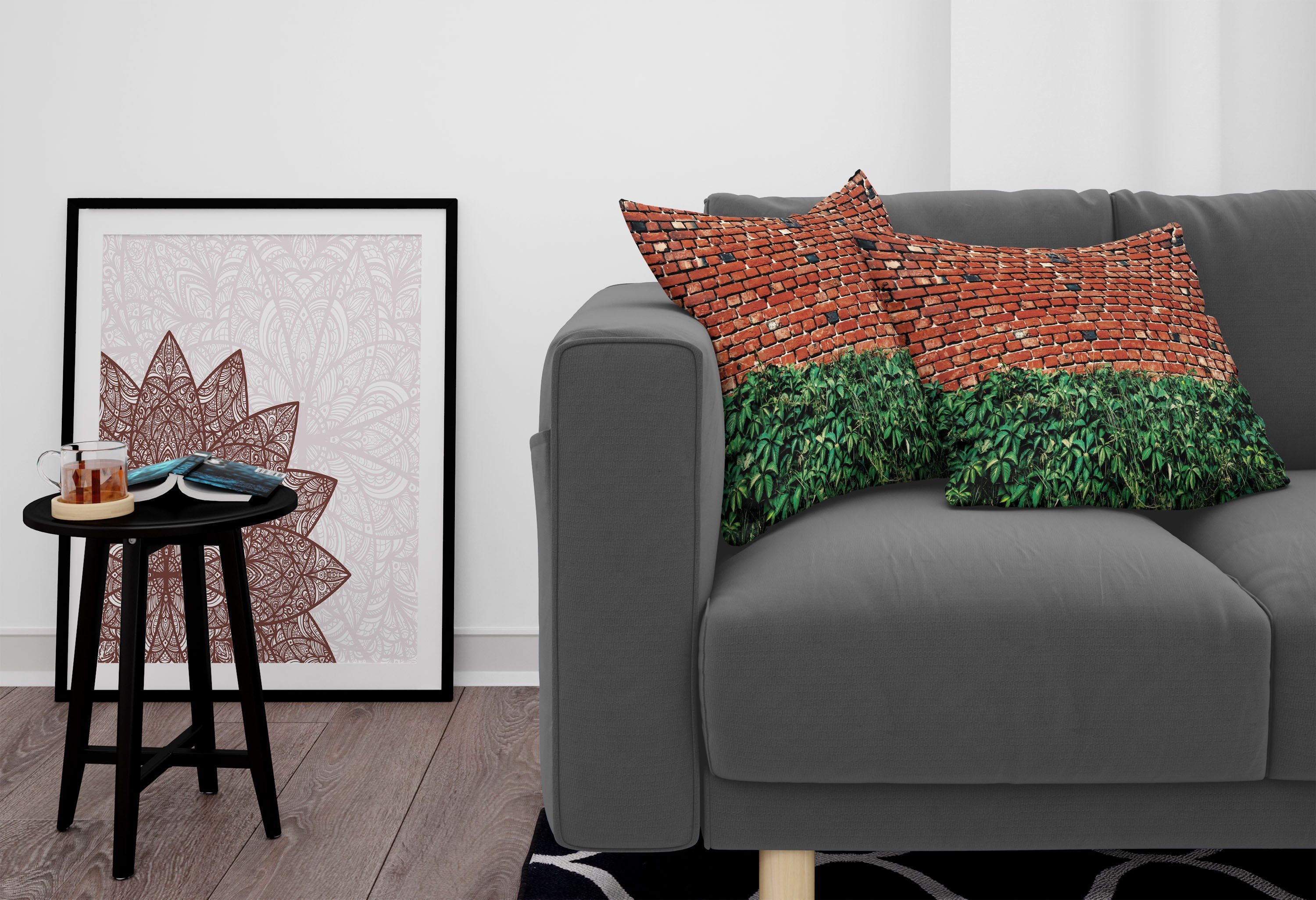 Blättern Modern Wand mit Kissenbezüge (2 Accent Digitaldruck, Doppelseitiger Stück), grünen Ziegelwand Abakuhaus