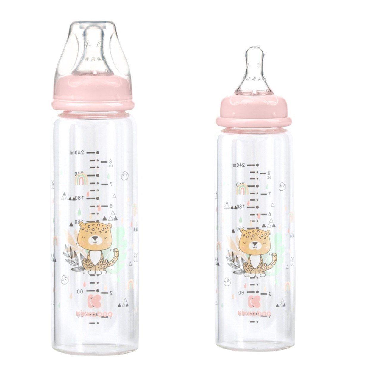 Kikkaboo Babyflasche Baby Glasflasche Savanna 240ml, Silikonsauger Größe M, Anti-Kolik rosa
