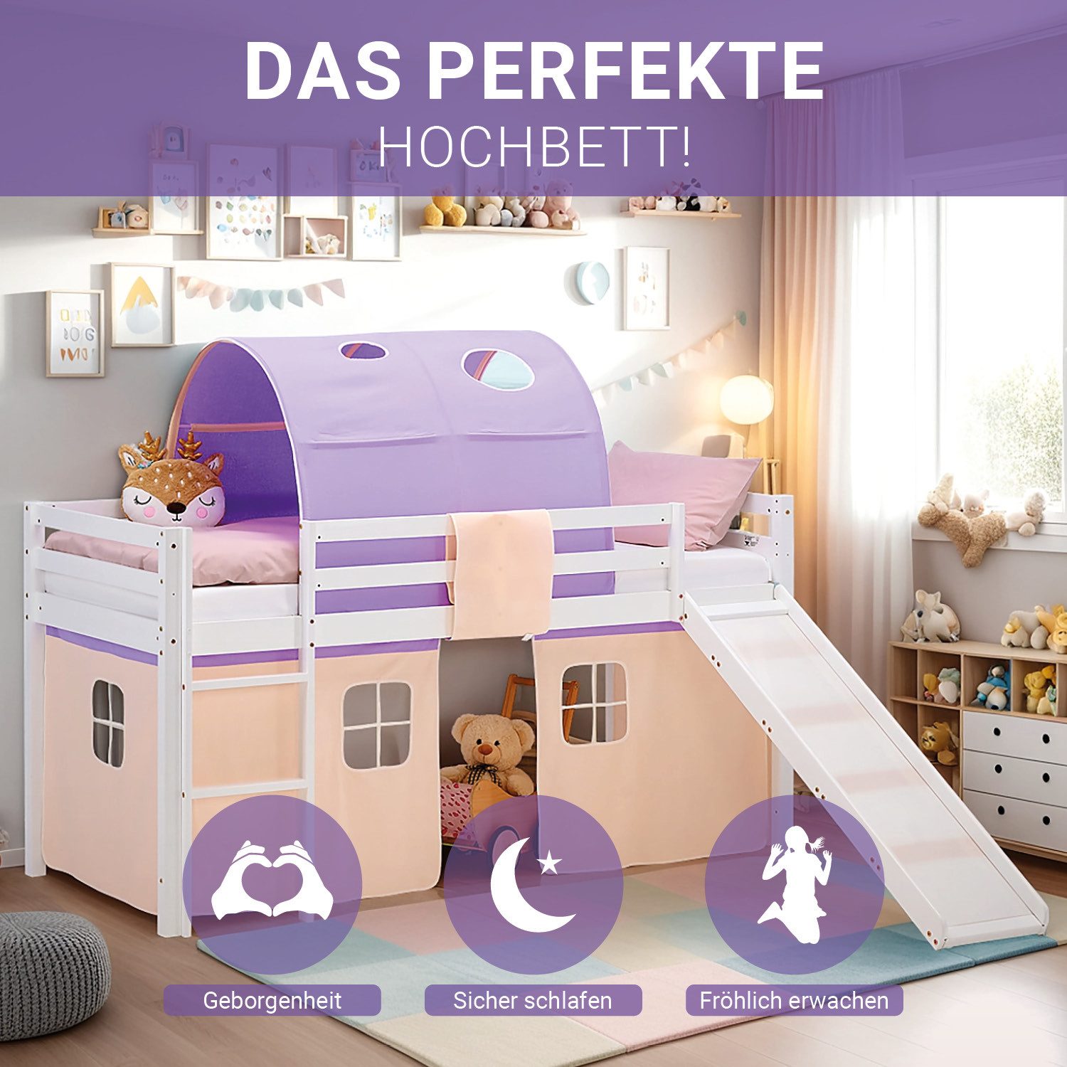 Homestyle4u Hochbett Kinderbett 90x200 Spielbett Holz Kiefer Mädchen Weiß Lila Vorhang (Set, mit Lattenrost, Rutsche und Tunnel) mit Rausfallschutz, Mädchen Spielbett