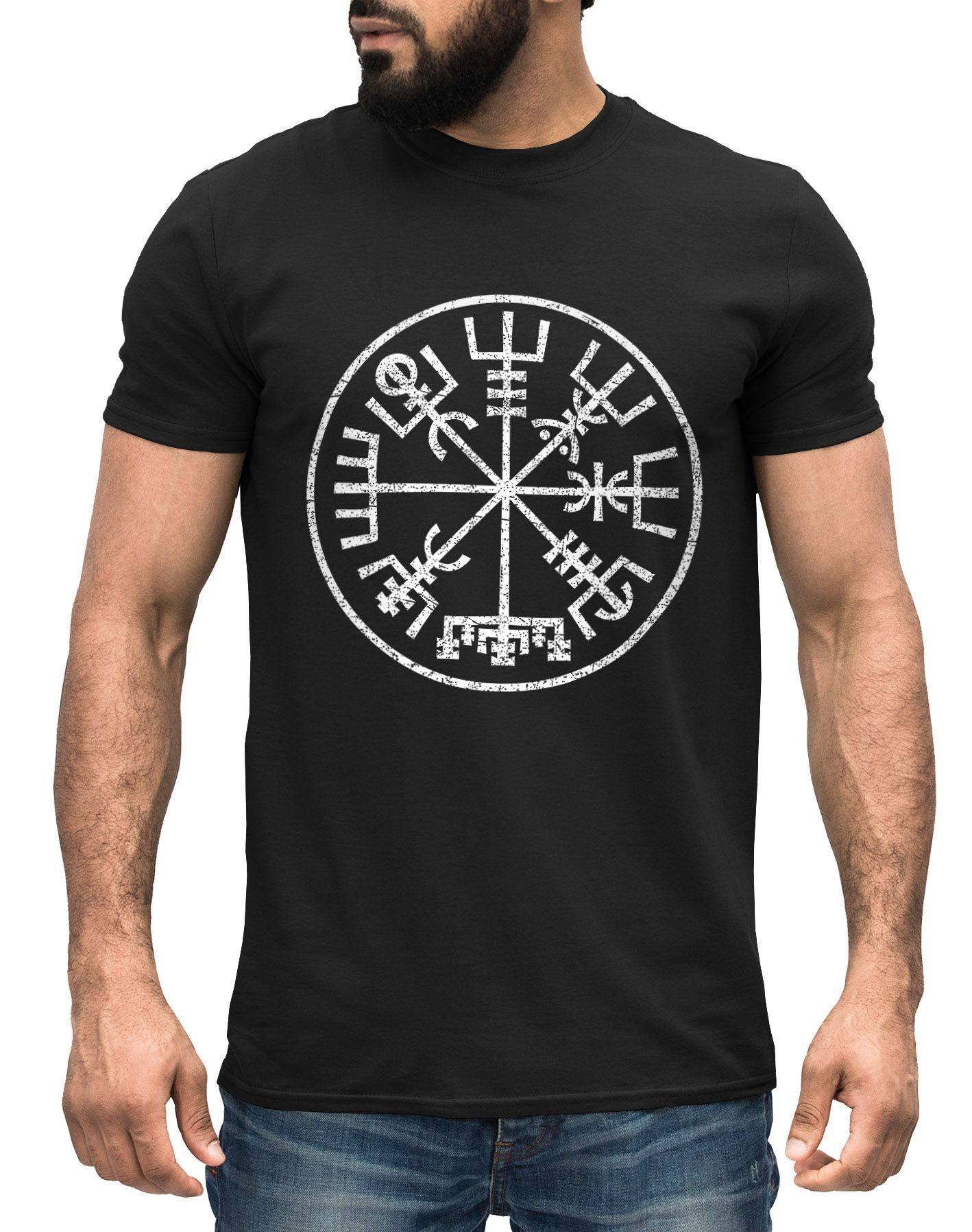 Neverless Print-Shirt Herren T-Shirt Vegvisir Runenkompass Wikinger Kompass nordische Mythologie Kelten Germanen Neverless® mit Print