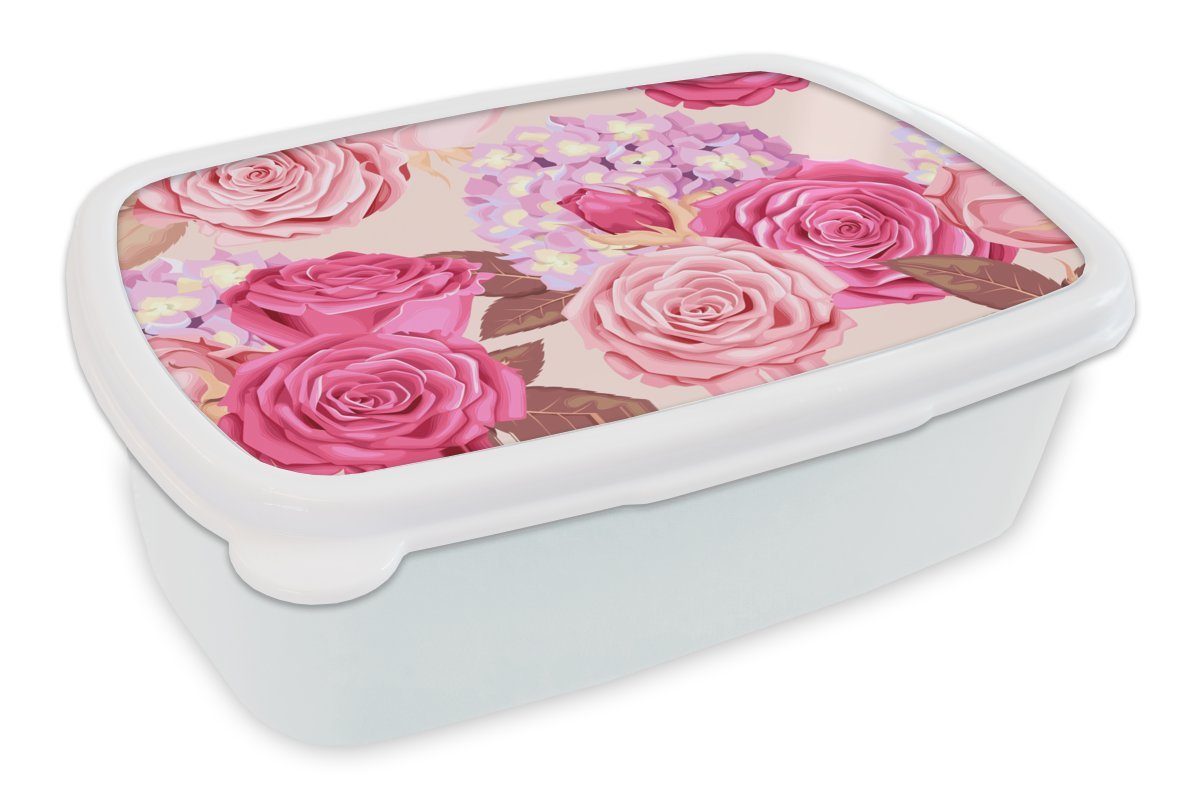 MuchoWow Lunchbox Rosen - Hortensien - Blumen - Rosa, Kunststoff, (2-tlg), Brotbox für Kinder und Erwachsene, Brotdose, für Jungs und Mädchen weiß