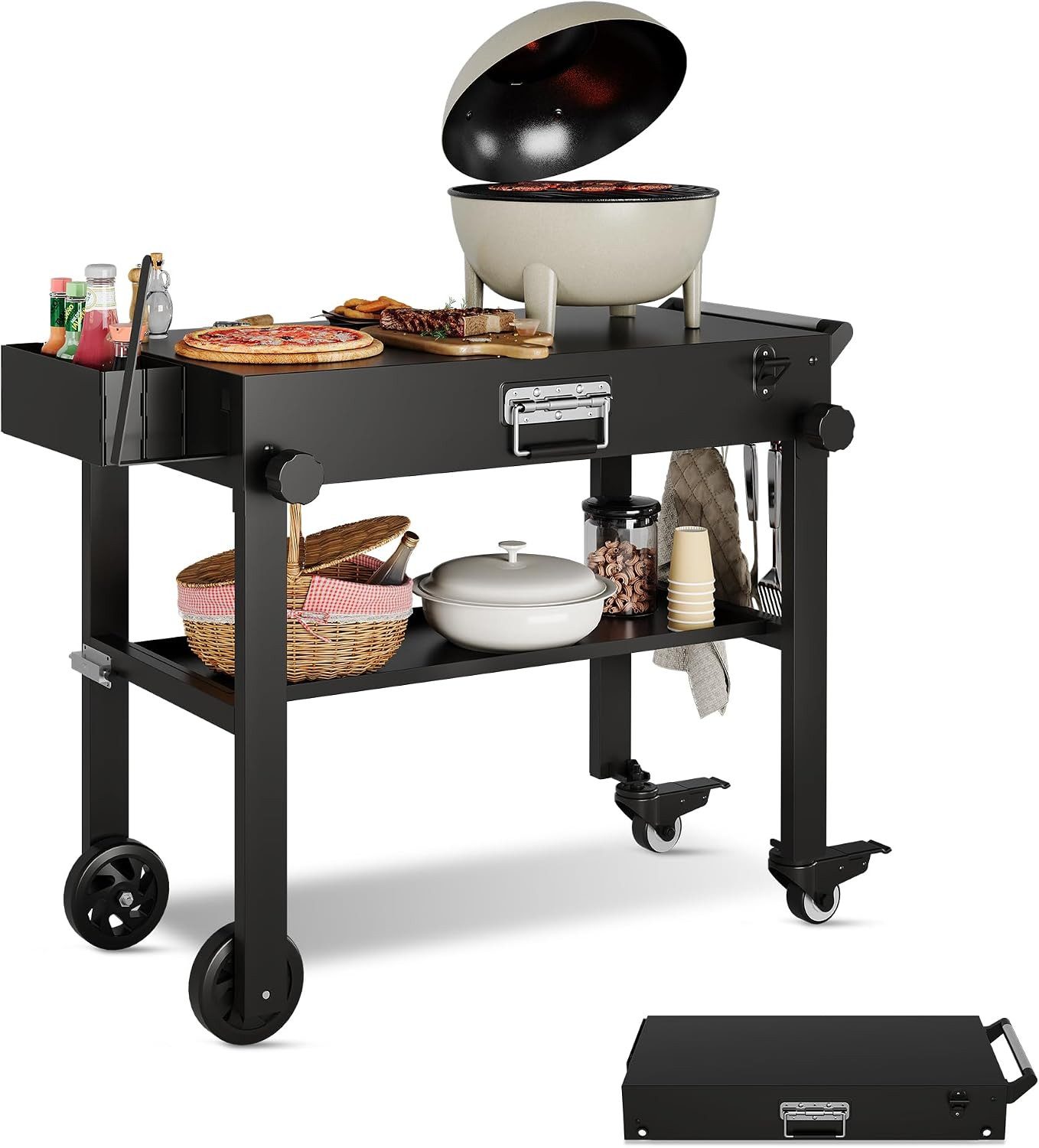 GarveeMore Grillablagetisch für Griddle,faltbarer Grilltisch mit Rollen,Edelstahl-Tischplatte, Grillwagen, faltbar, Rollen, Edelstahl, für 43/56 cm Griddle