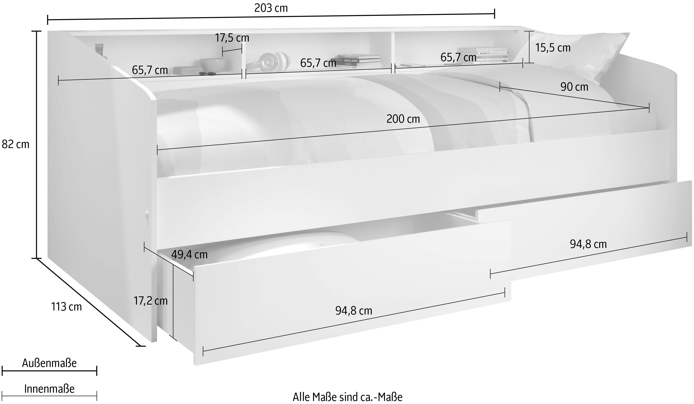 Parisot Sleep storage bed, daybed, children's bed, rotating shelf back panel (colored + white), including shelves, drawers, plenty of storage space, TOP SELLER!