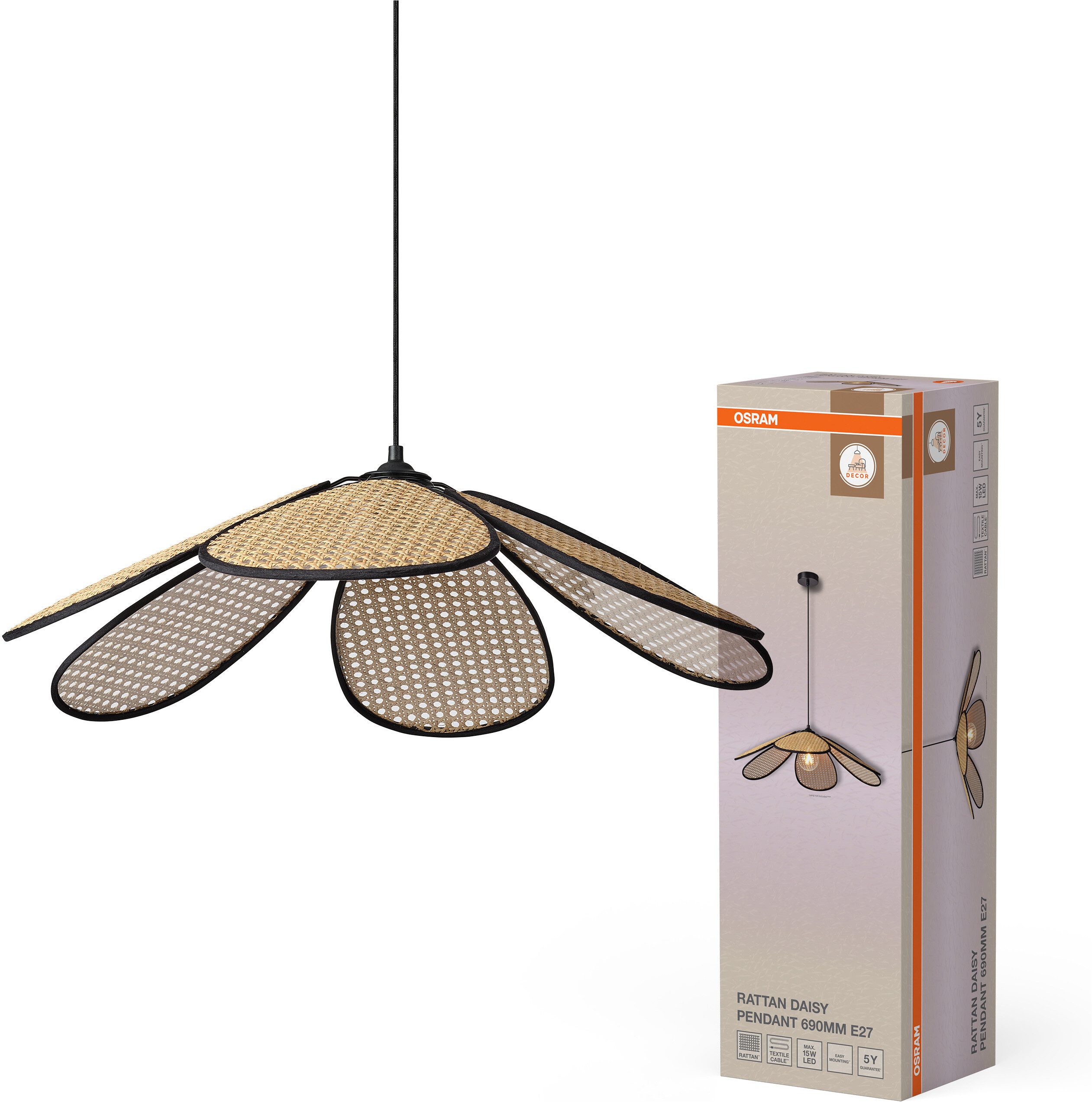 Osram Pendelleuchte Decor Rattan, ohne Leuchtmittel, braun, Fassung E27, Rattan und Stahl
