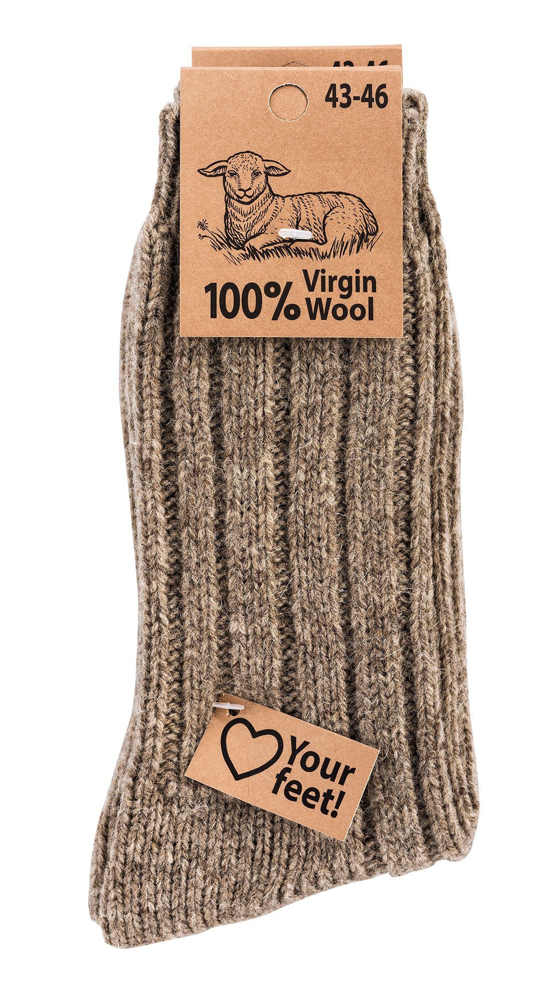 4 braun Socken Wowerat Fun "Virgin Wollsocken Grobstrick Warme Wool" (2 Socks Schafwolle Paar) 100%