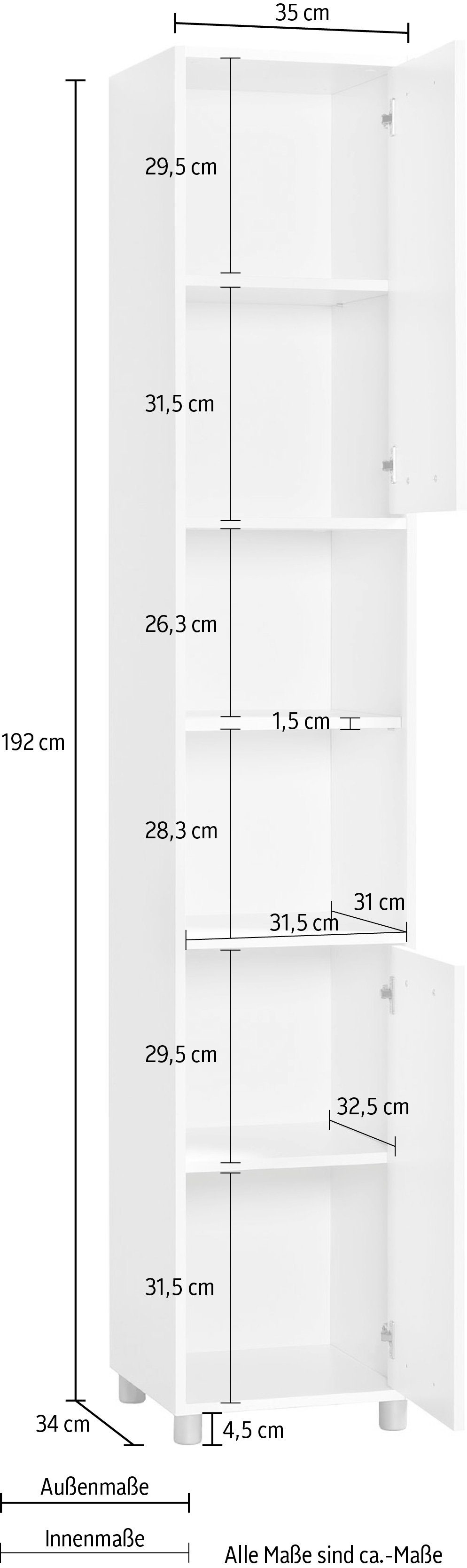 Hochschrank Betty Breite 35 cm weiß 6 mit Procontour Fächer