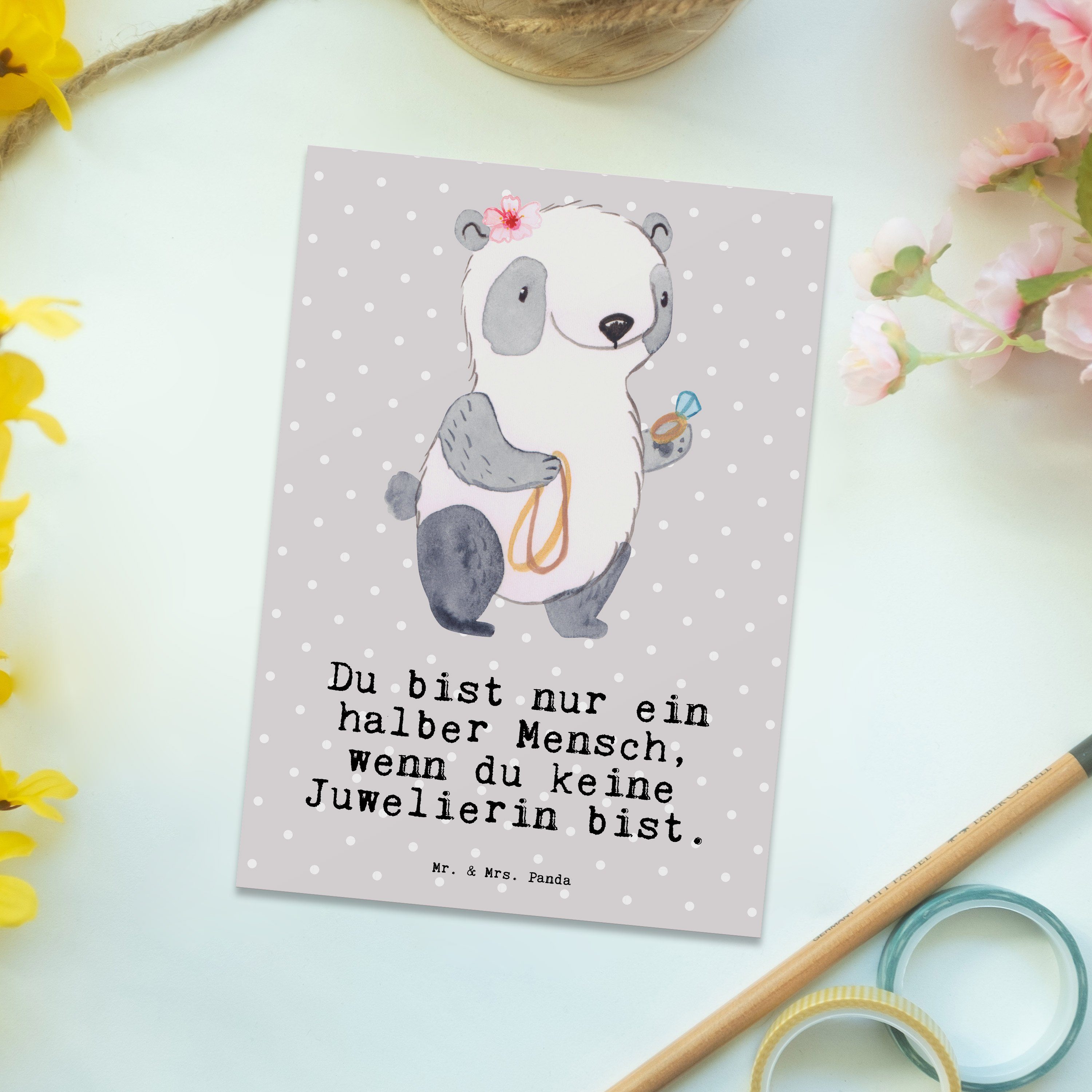 mit Ansichtskart Jubiläum, - Geschenk, Juwelierin Mr. - Grau & Pastell Mrs. Postkarte Herz Panda