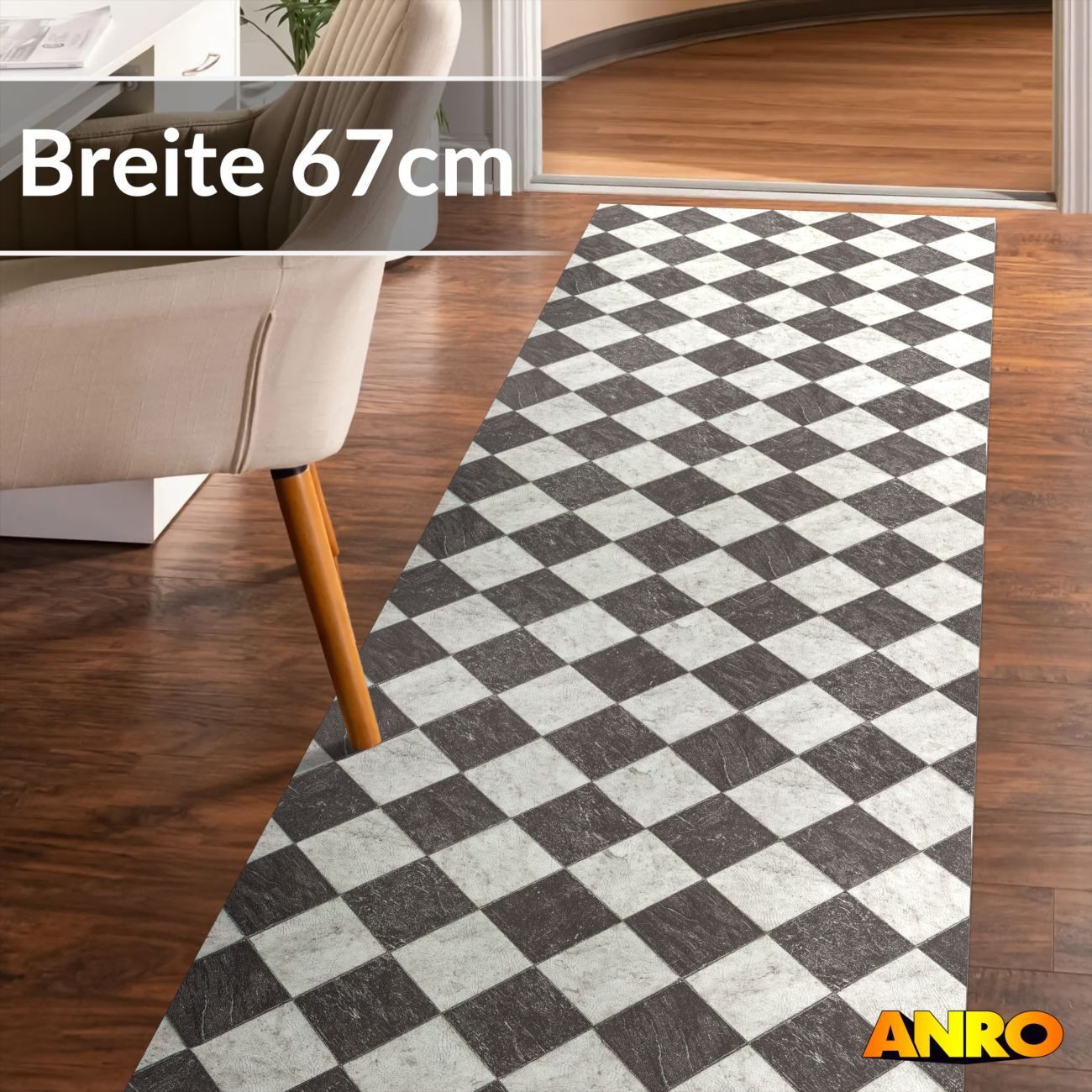 ANRO Küchenläufer abwaschbar Schach LADY Läufer pflegeleicht Küchenteppich, Rechteckig, Höhe: 3 mm, robust schmutzabweisend 67x100cm Vintage Schwarz robust
