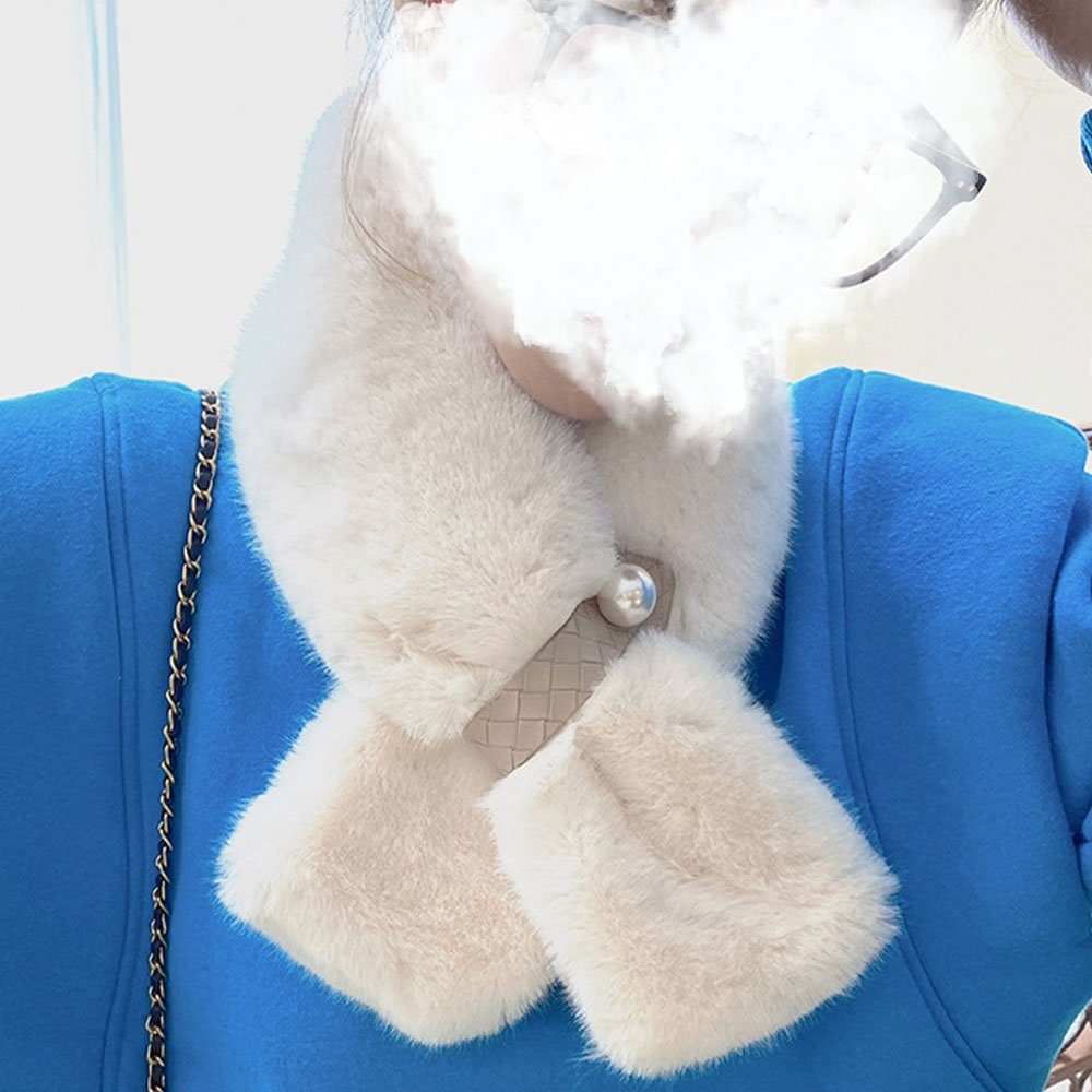 LAKKEC Modeschal Faux Kaninchen Damen Warmer Schal, Elegant Winter Perlen Pelz Weiß Schal Gemütlich mit Plüsch Warm