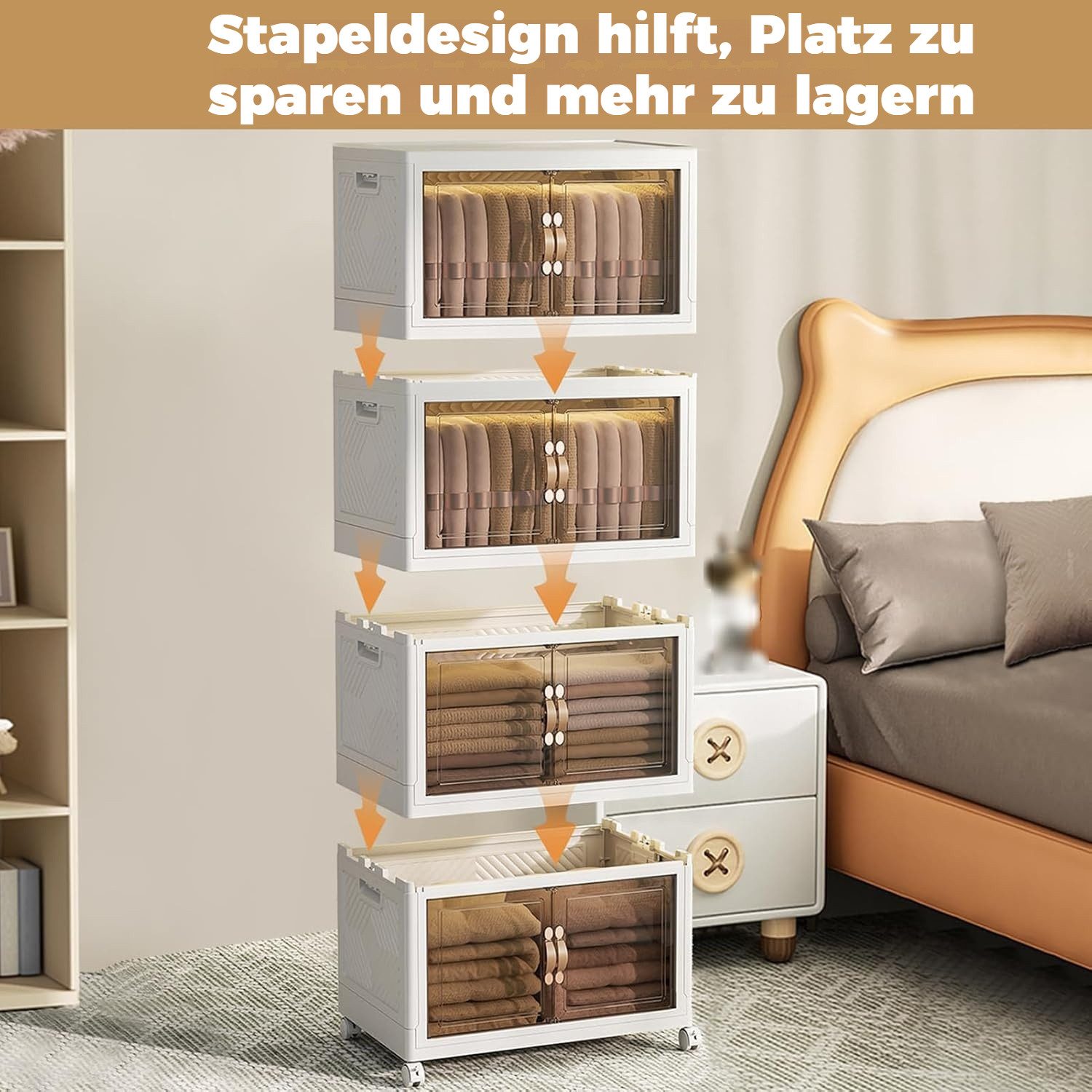 BlingBin Aufbewahrungsbox Faltbare Aufbewahrungsboxen 4er Set mit Deckeln, Türen und Rollen (4er Set, 4 St., 50 × 30 × 112.5 cm), platzsparender Organizer für Wohnzimmer, Küche und Schlafzimmer