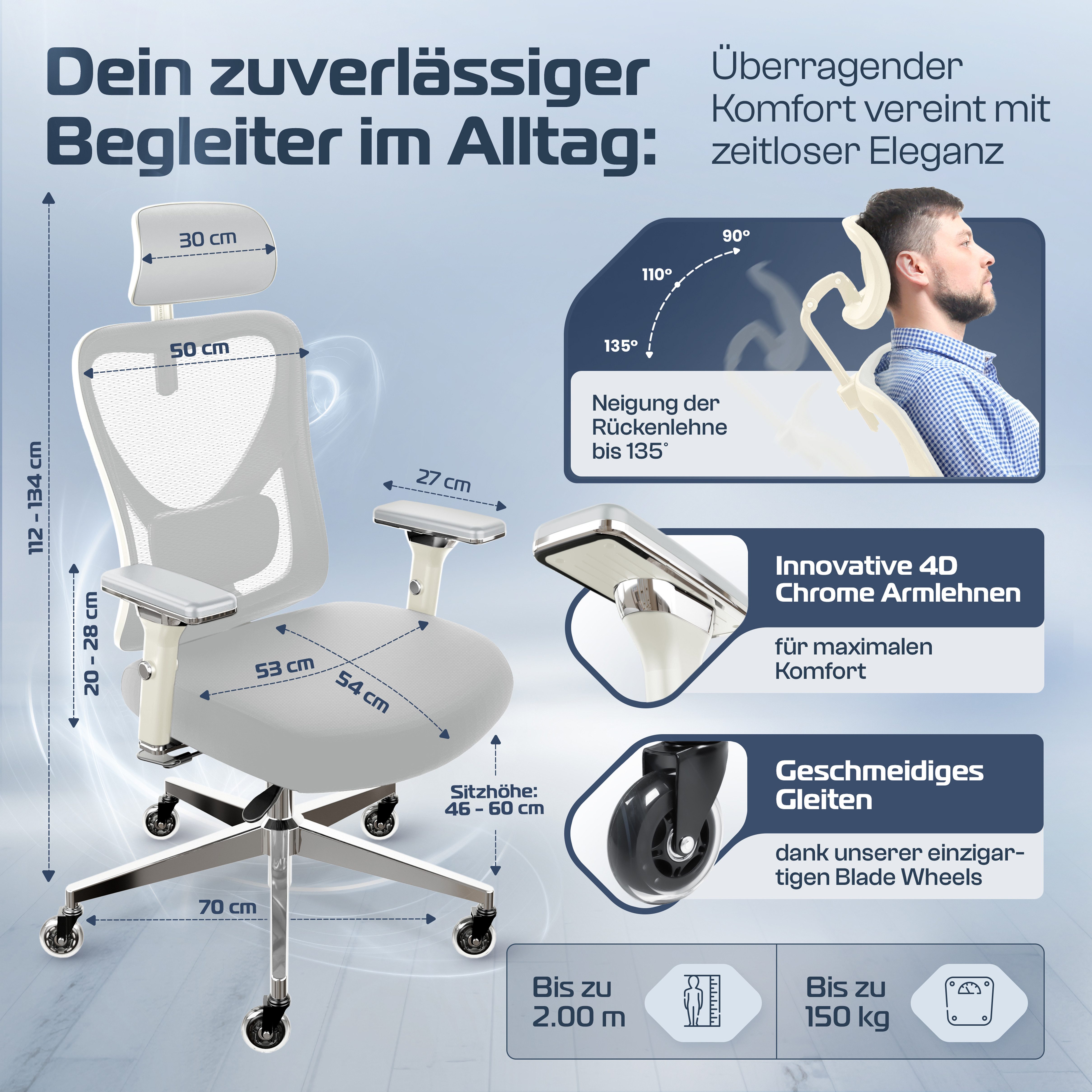 CLOUVOU Bürostuhl Ergonomisch, Schreibtischstuhl bis 150 kg - Testsieger (C günstig online kaufen