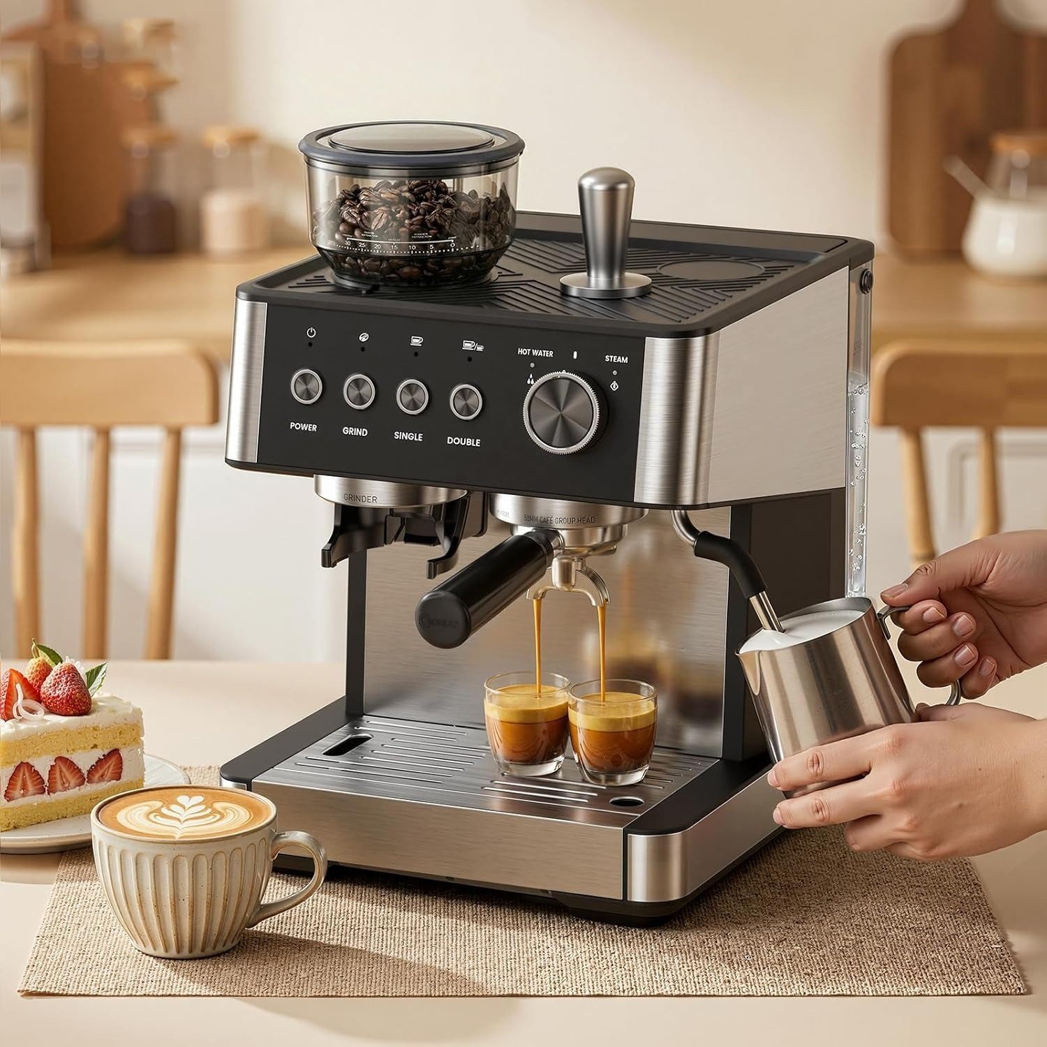 COWSAR Espressomaschine mit Mahlwerk & Milchaufschäumer – 15 Bar Pumpendruck, 30 Mahlgrade, Schnellaufheizung, 2,5L Wassertank, Für Espresso, Cappuccino