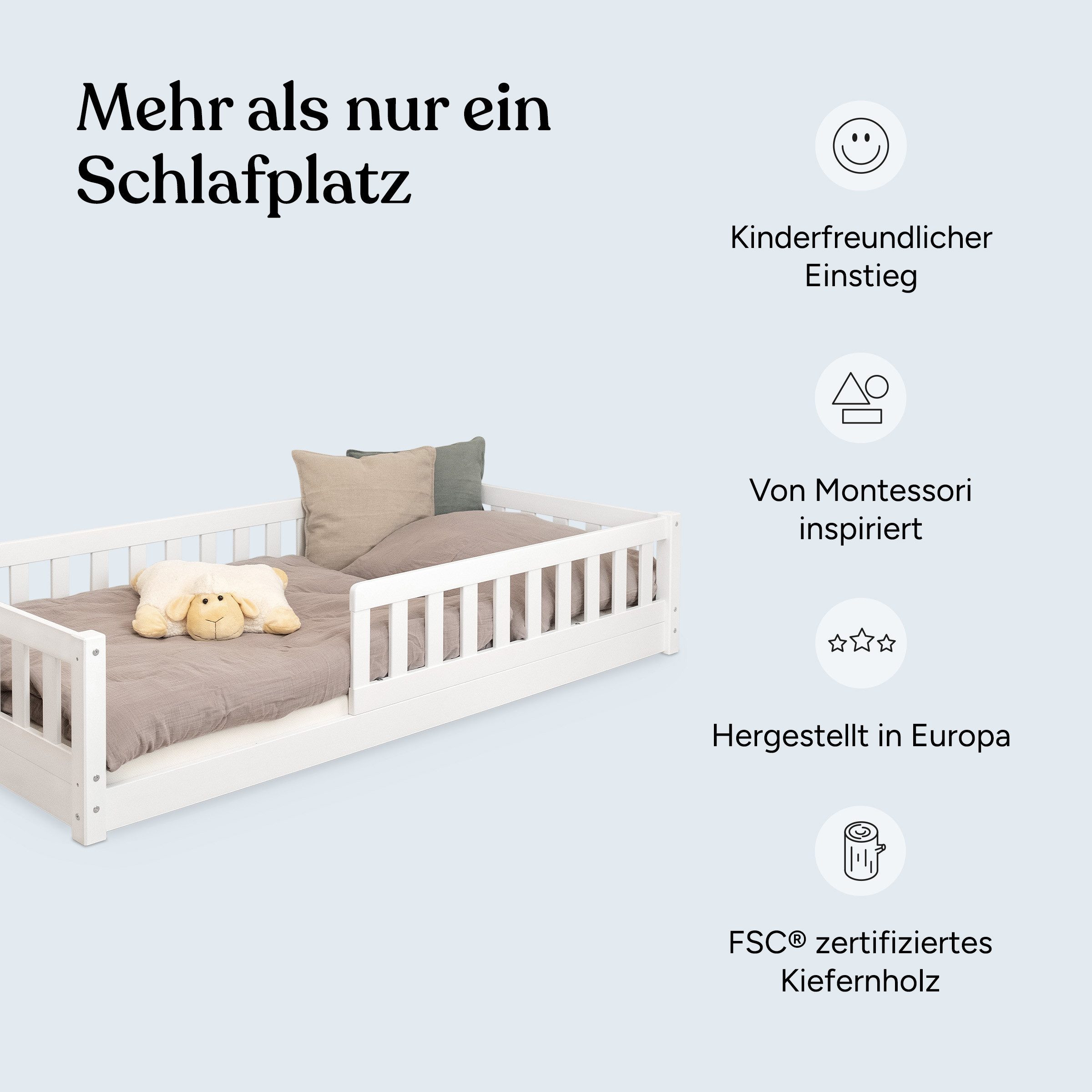 Ehrenkind Kinderbett Bodenbett Lille aus massivem Kiefernholz mit Rausfallschutz (Hochwertiges Kinderbett aus FSC® zertifziertem Holz / Bodenbett in 90x200, Montessori Kinderbett), Bodenbett, aus FSC zertifiziertem Holz