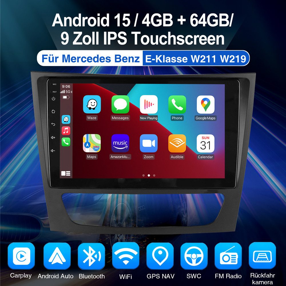 ESSGOO Für Mercedes E-Klasse W211 W219 Android 15 GPS Autoradio (RDS, Digitalradio (DAB), FM, AM, Carplay Android Auto Navi WIFI BT EQ)