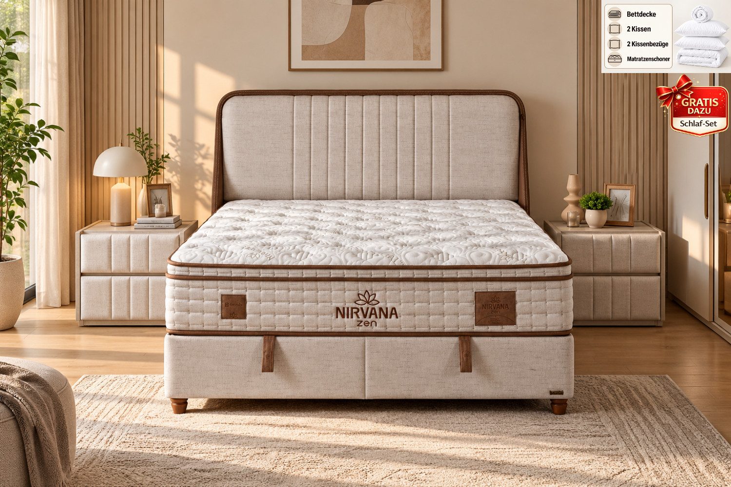 BAMBI YATAK Boxspringbett, Bambi Nirvana, Schlafzimmerbett, Bett mit Matratze & Stauraum, H2/H3 (90x200 cm Bett, 1 x Matratze, 2 x Bettkasten, 1 x Bettkopfteil), Taschenfederkernmatratze Mittelfest, Optionale Nachttisch