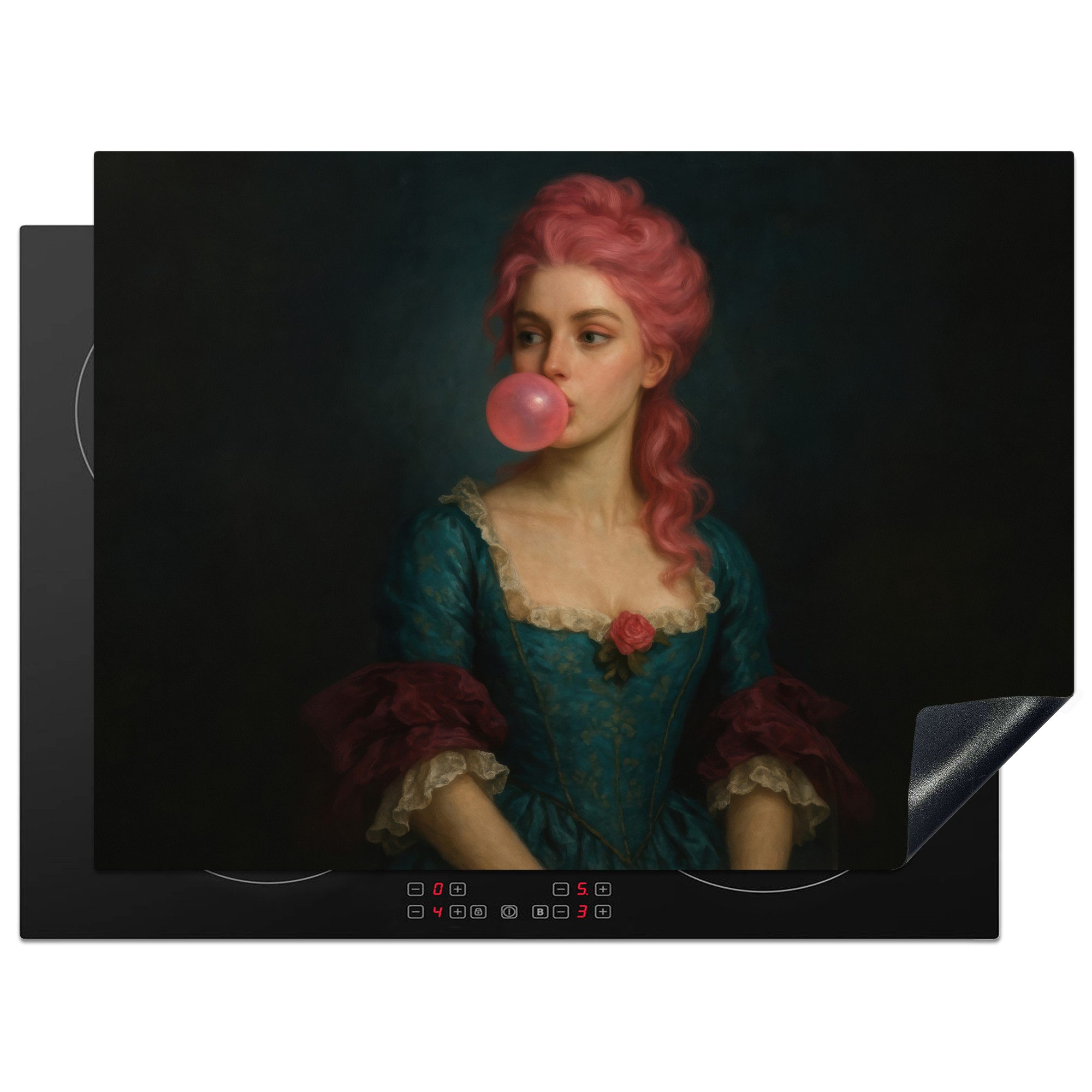 MuchoWow Herd-Abdeckplatte Frau - Porträt - Kaugummiblase, Vinyl, (1 tlg), Ceranfeldabdeckung Küche, Herdabdeckplatte Einteilig, 70x52 cm