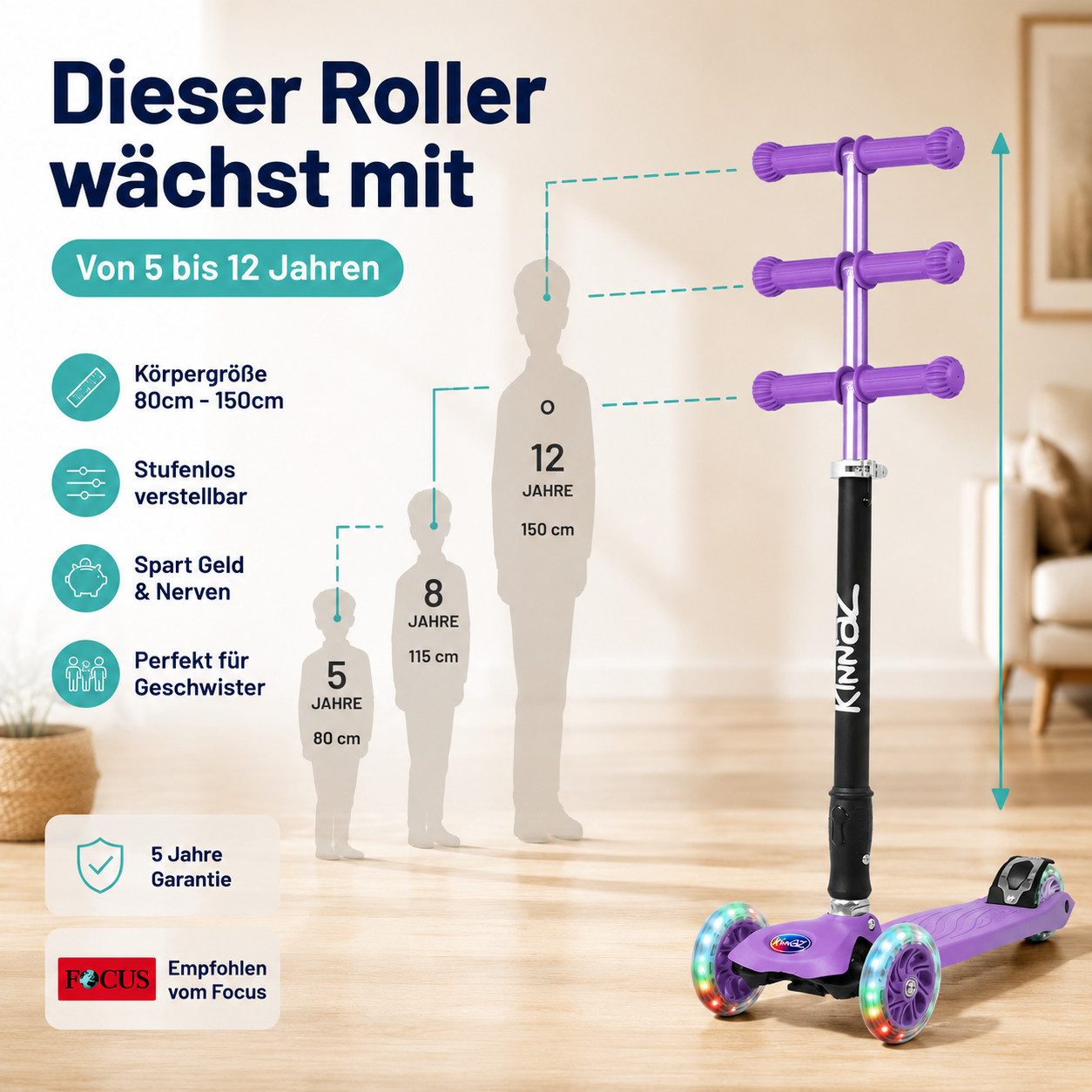 KINNAZ Dreiradscooter ab 5 Jahre, LED Räder, Höhe flexibel, faltbar, Roller Scooter Garantie, (Kinderroller, Kinnaz Two), faltbar, höhenverstellbar, LED Räder, Ersatzteilservice, aus Hamburg