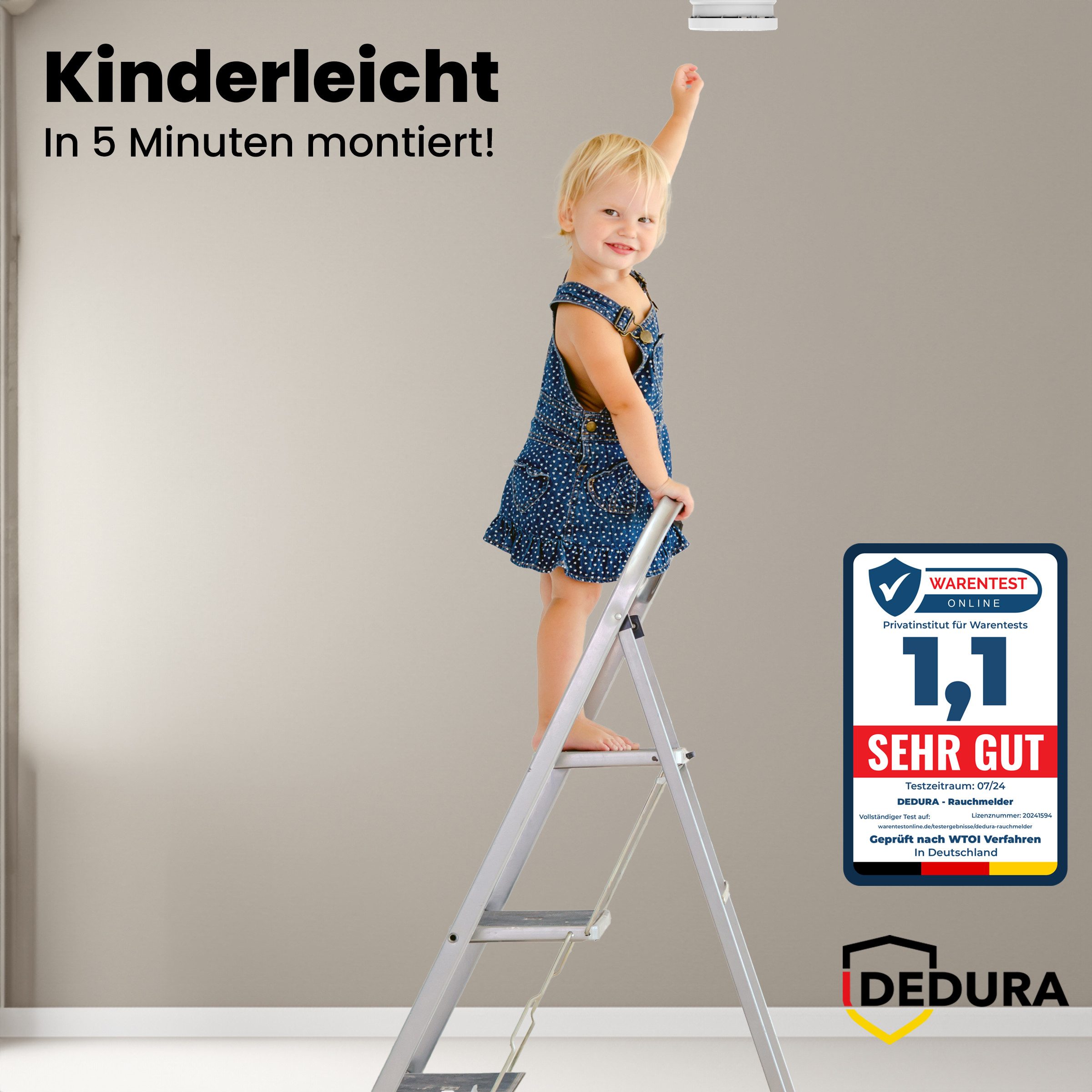 dedura Rauchmelder (10 Jahre Garantie BSI Zertifiziert nach DIN EN14604 inkl. 9V Batterie)