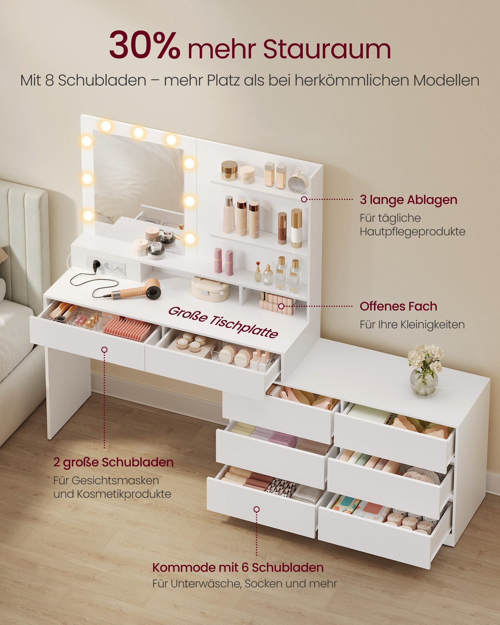 VASAGLE Schminktisch Frisiertisch mit Spiegel und LED-Beleuchtung (1 Tisch mit 1 Hocker), mit drehbare Seitenkommode, gerade oder L-förmig, mit Licht – Bild 4 von 5