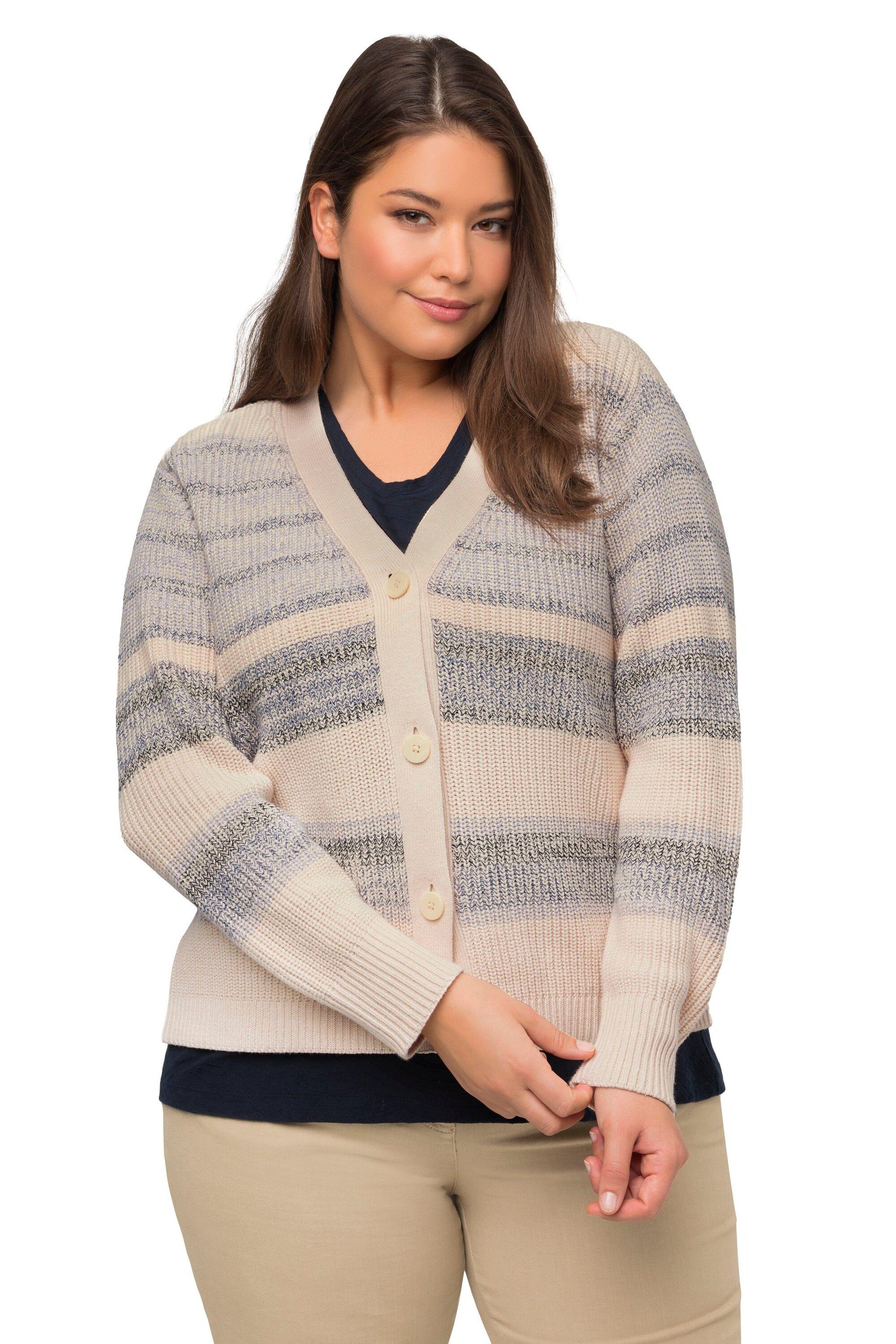 Ulla Popken Strickjacke Strickjacke Patentstrick V-Ausschnitt Biobaumwolle
