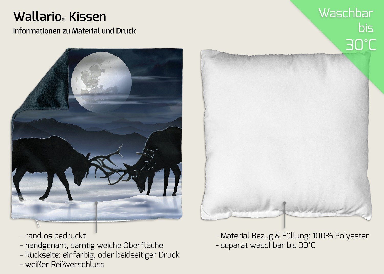 Abend, im bei Mondschein Schnee Dekokissen - Silhouette Wallario am handgenäht Elch